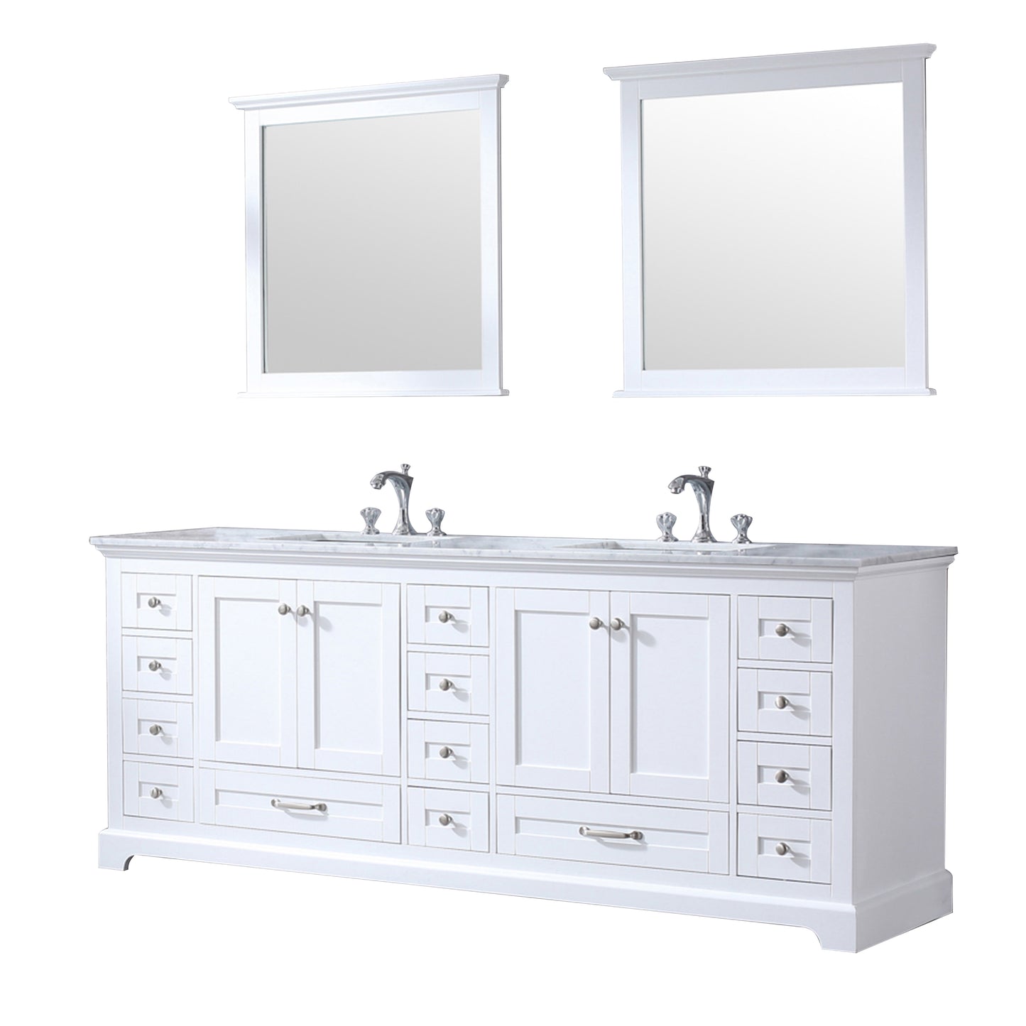 Dukes 84" White Double Vanity, White Carrara Marble Top, White Square Sinks and 34" Mirrors w/ Faucets