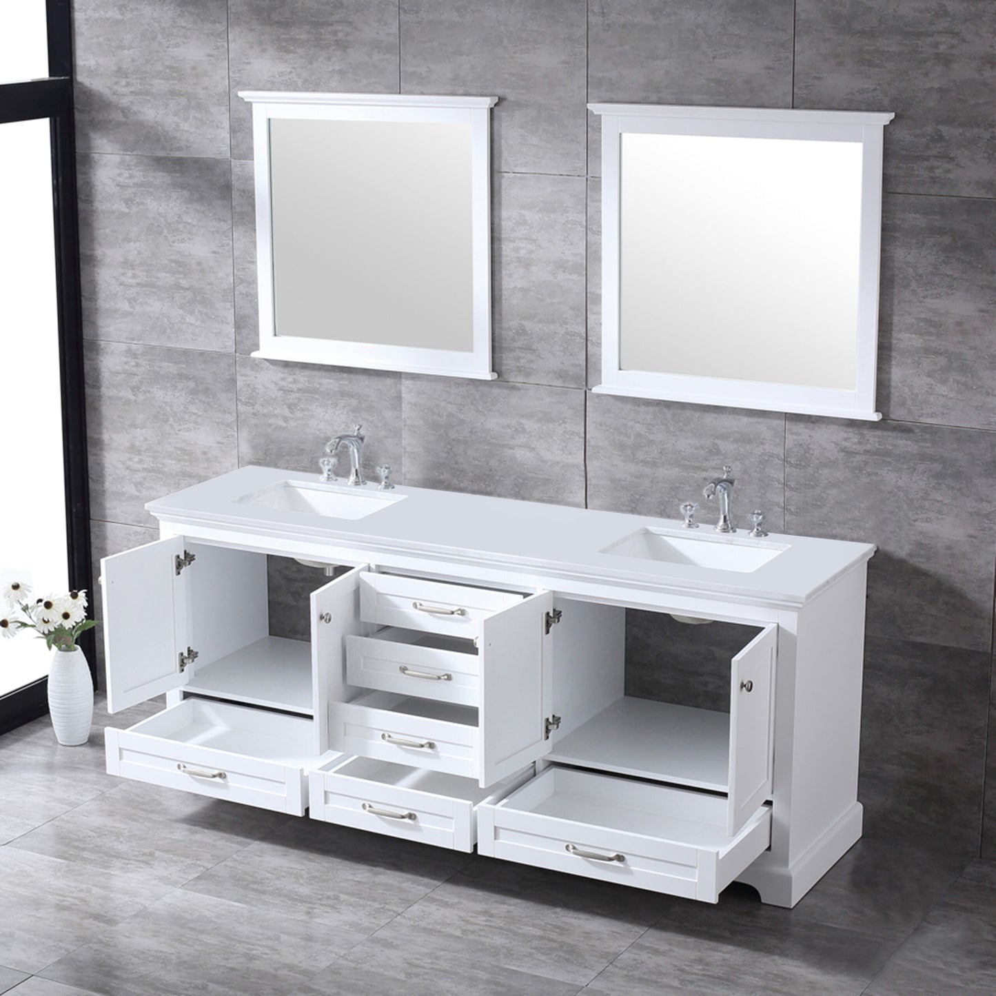 Dukes 80" White Double Vanity, White Quartz Top, White Square Sinks and 30" Mirrors