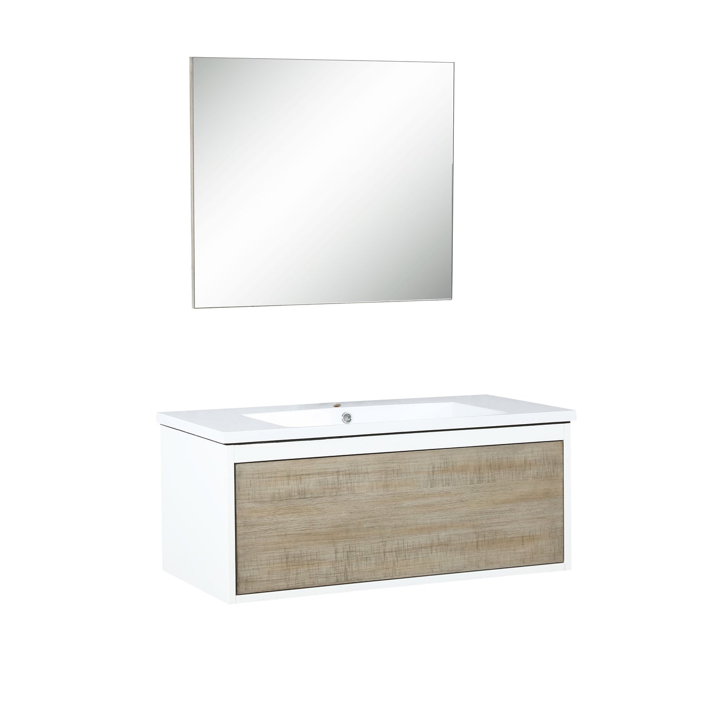 Scopi 36" Rustic Acacia Bathroom Vanity, Acrylic Composite Top with Integrated Sink, and 28" Frameless Mirror