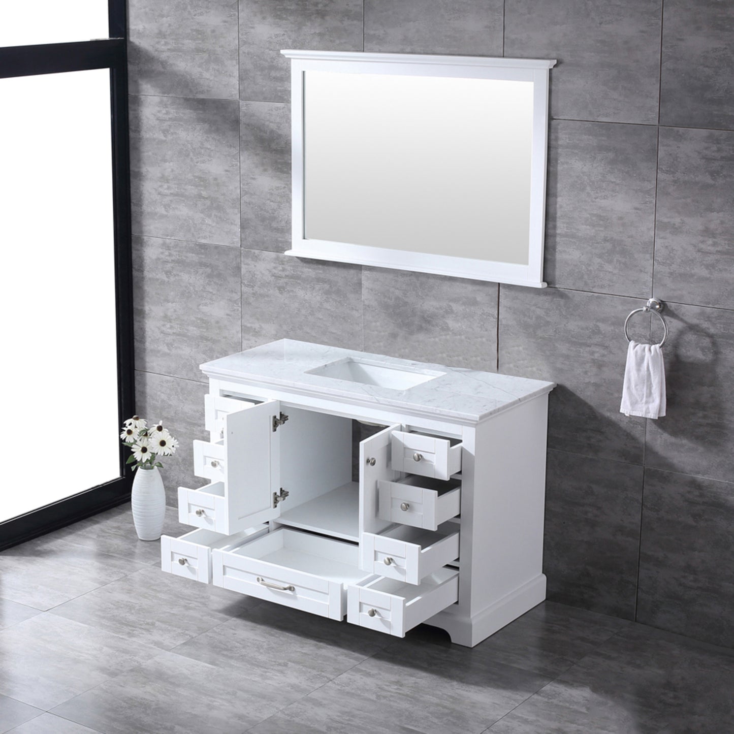 Dukes 48" White Single Vanity, White Carrara Marble Top, White Square Sink and 46" Mirror