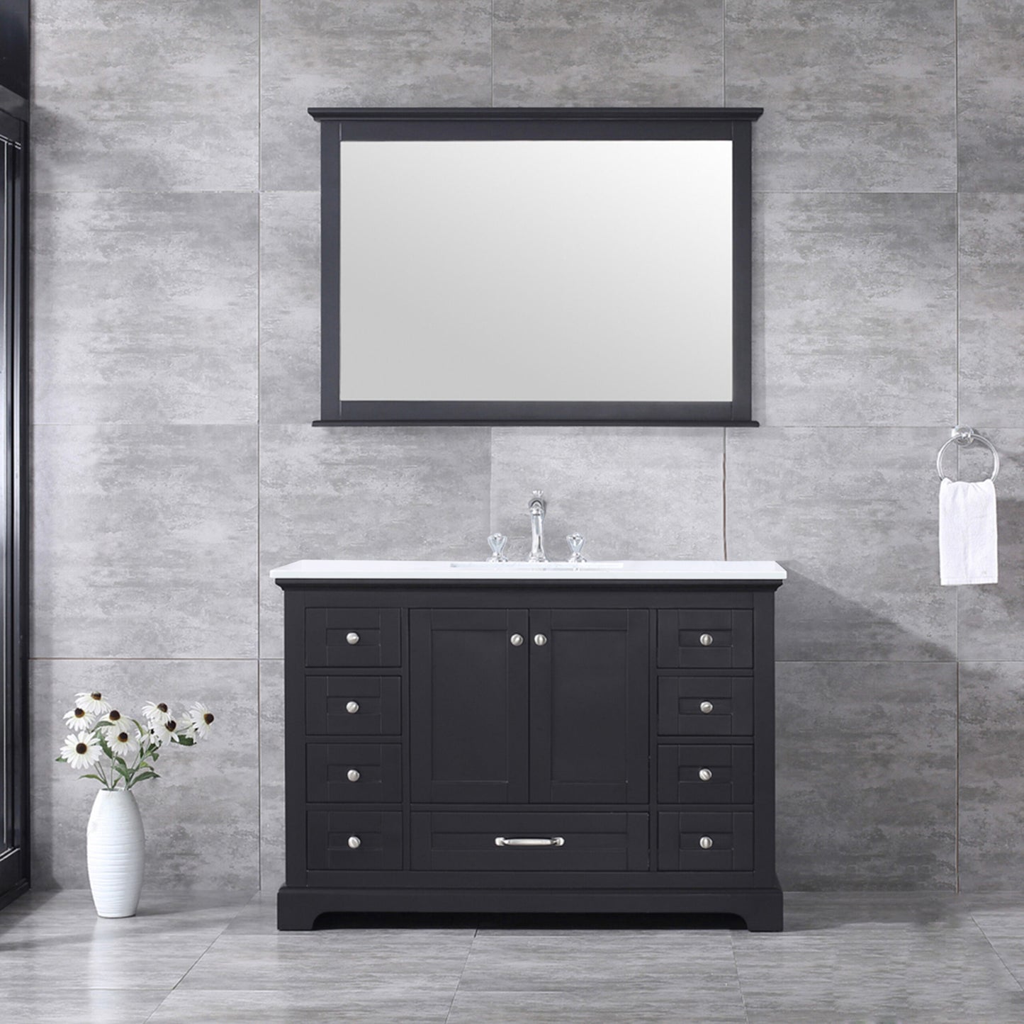 Dukes 48" Espresso Single Vanity, White Quartz Top, White Square Sink and 46" Mirror w/ Faucet