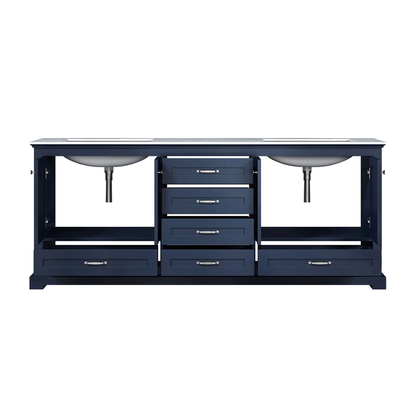 Dukes 80" Navy Blue Double Vanity, White Carrara Marble Top, White Square Sinks and no Mirror