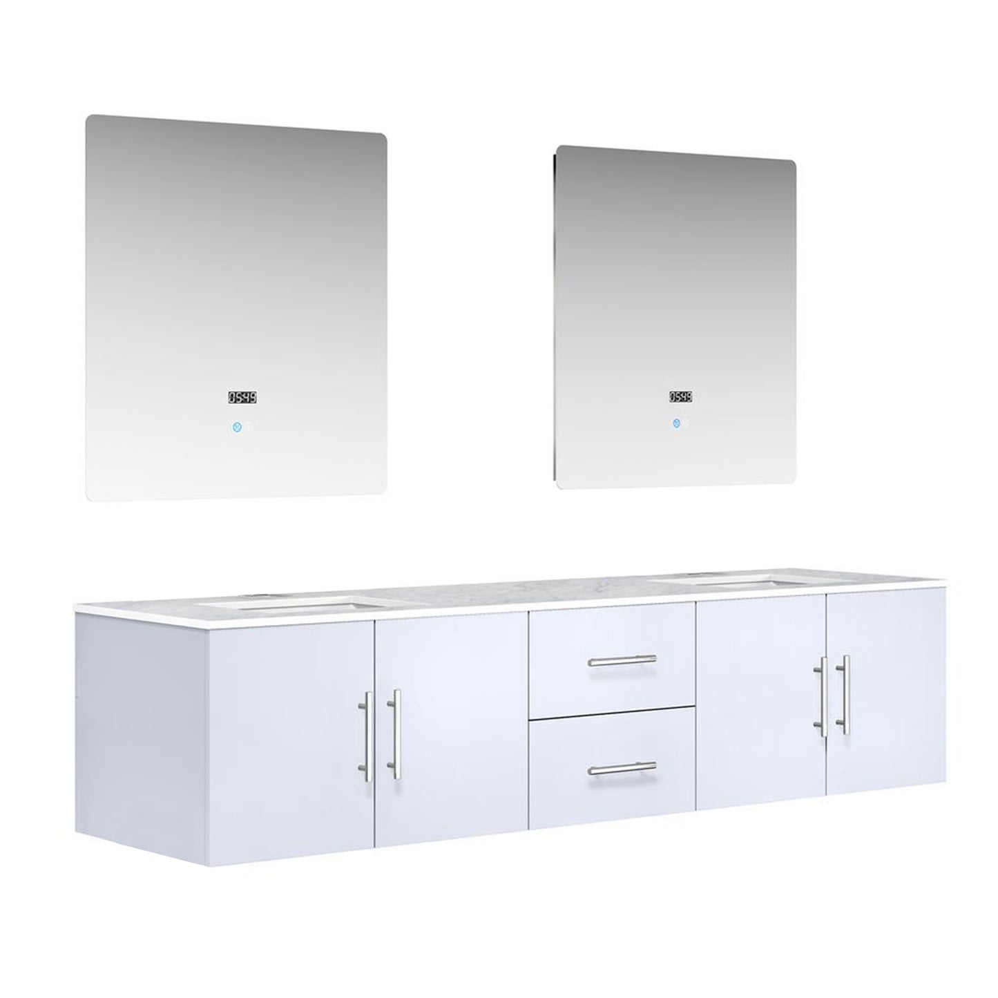 Geneva 80" Glossy White Double Vanity, White Carrara Marble Top, White Square Sinks and 30" LED Mirrors