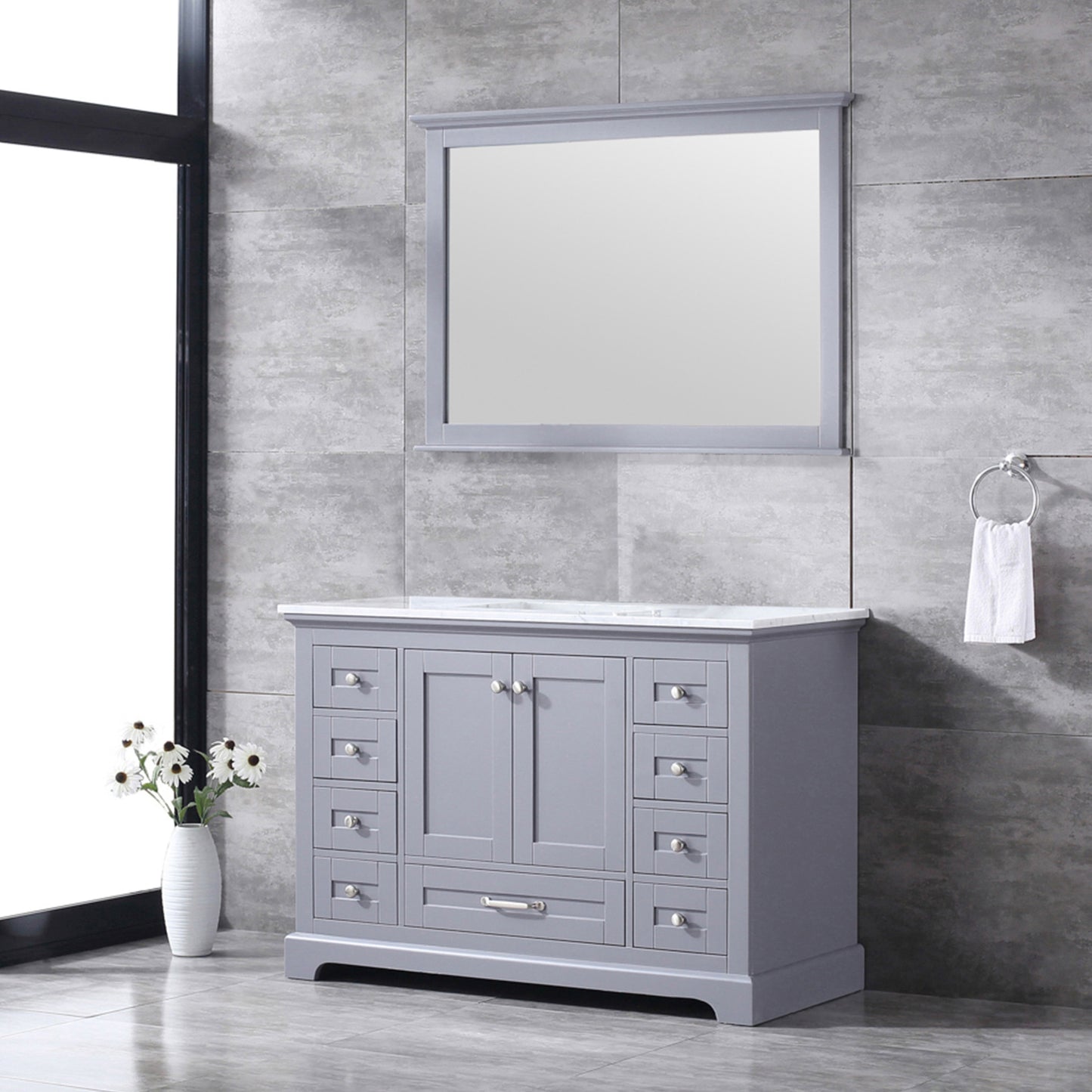 Dukes 48" Dark Grey Single Vanity, White Carrara Marble Top, White Square Sink and 46" Mirror