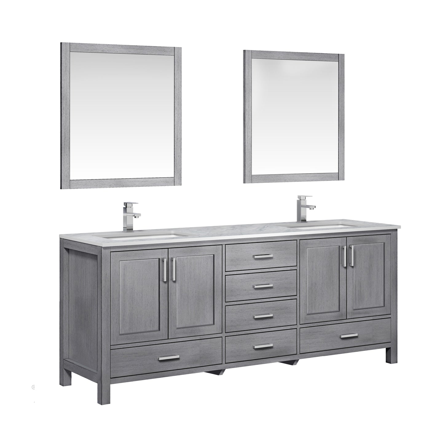 Jacques 80" Distressed Grey Double Vanity, White Carrara Marble Top, White Square Sinks and 30" Mirrors w/ Faucets