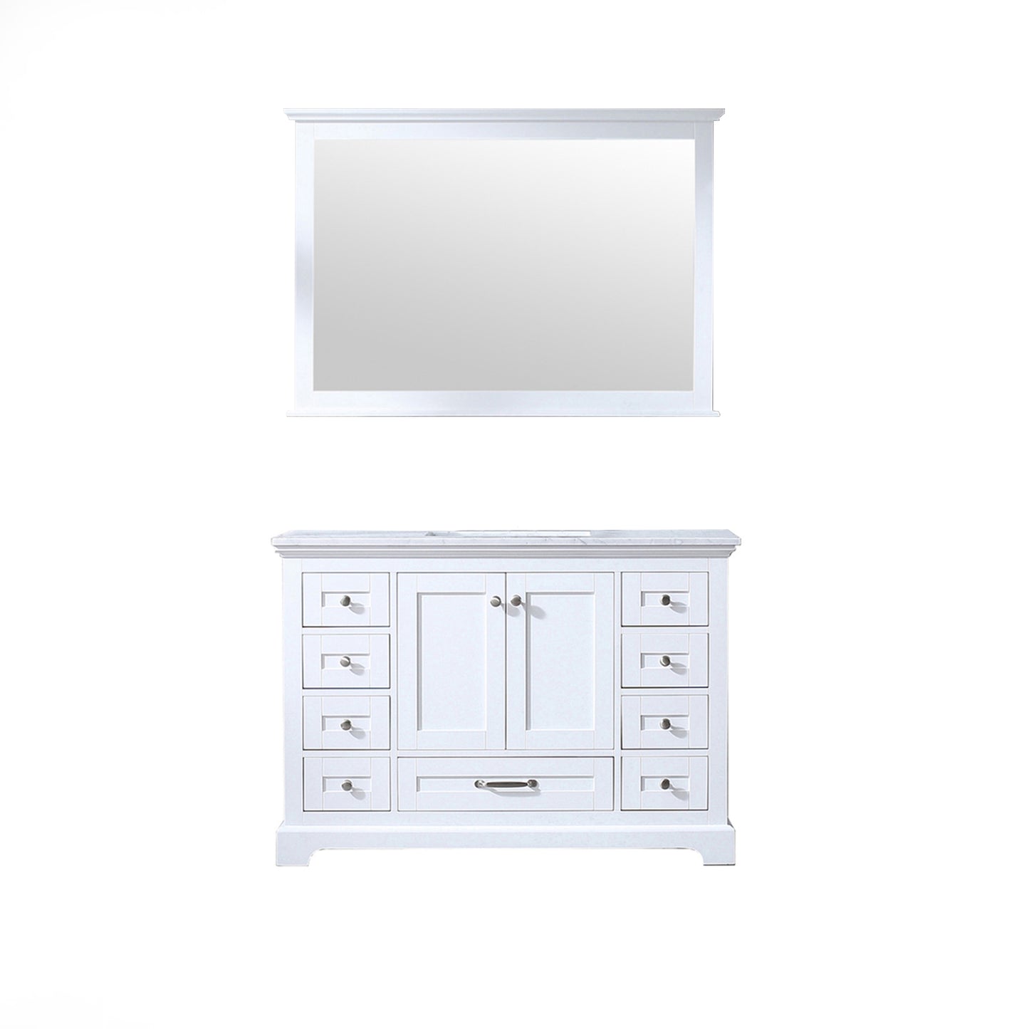 Dukes 48" White Single Vanity, White Carrara Marble Top, White Square Sink and 46" Mirror