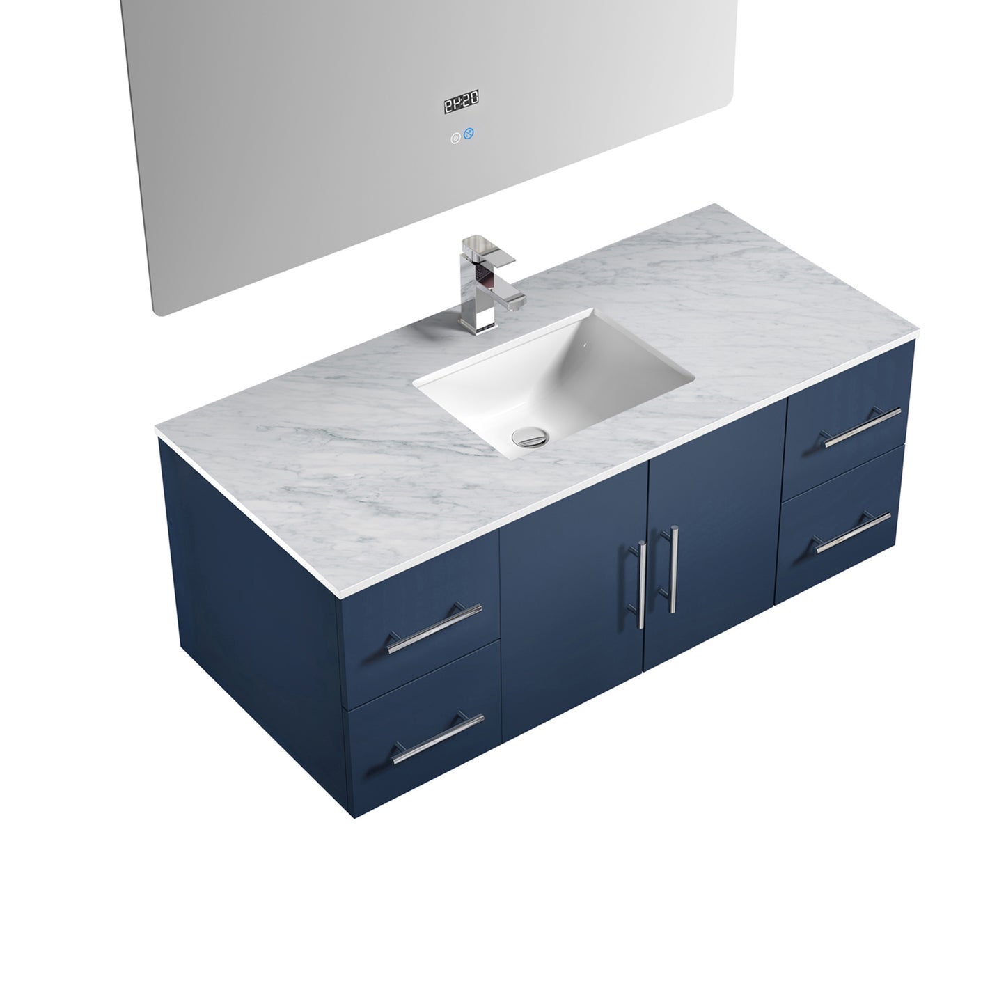 Geneva 48" Navy Blue Single Vanity, White Carrara Marble Top, White Square Sink and 48" LED Mirror w/ Faucet