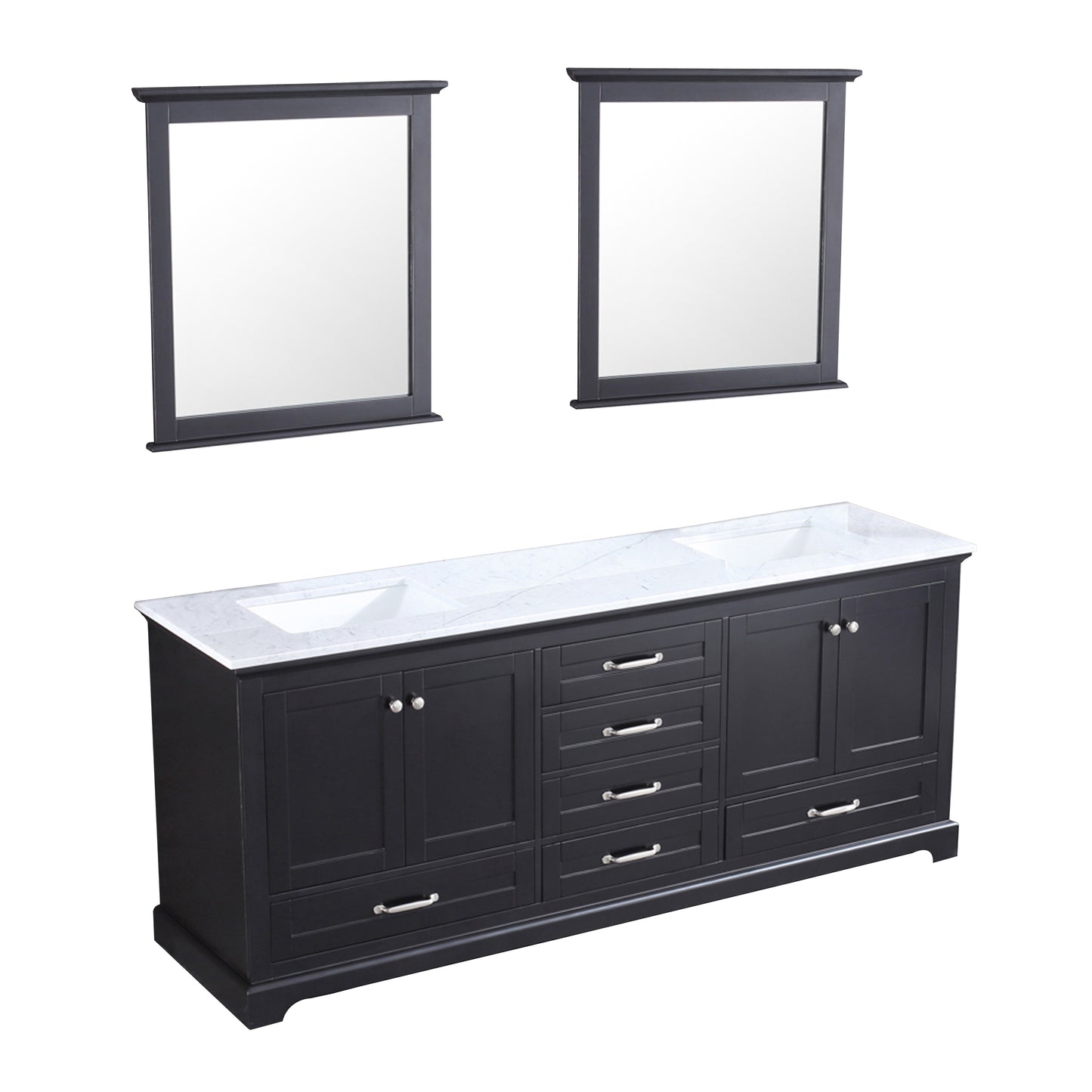 Dukes 80" Espresso Double Vanity, White Carrara Marble Top, White Square Sinks and 30" Mirrors