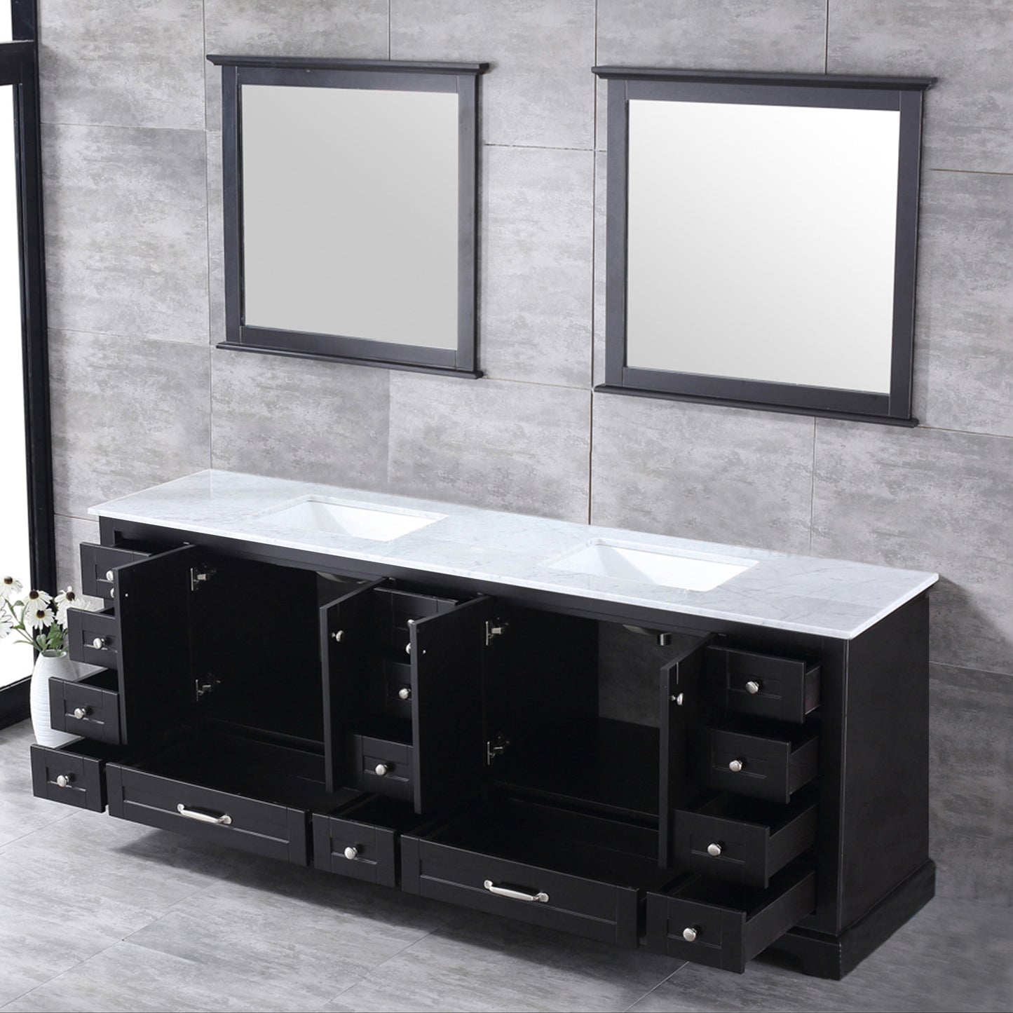 Dukes 84" Espresso Double Vanity, White Carrara Marble Top, White Square Sinks and 34" Mirrors