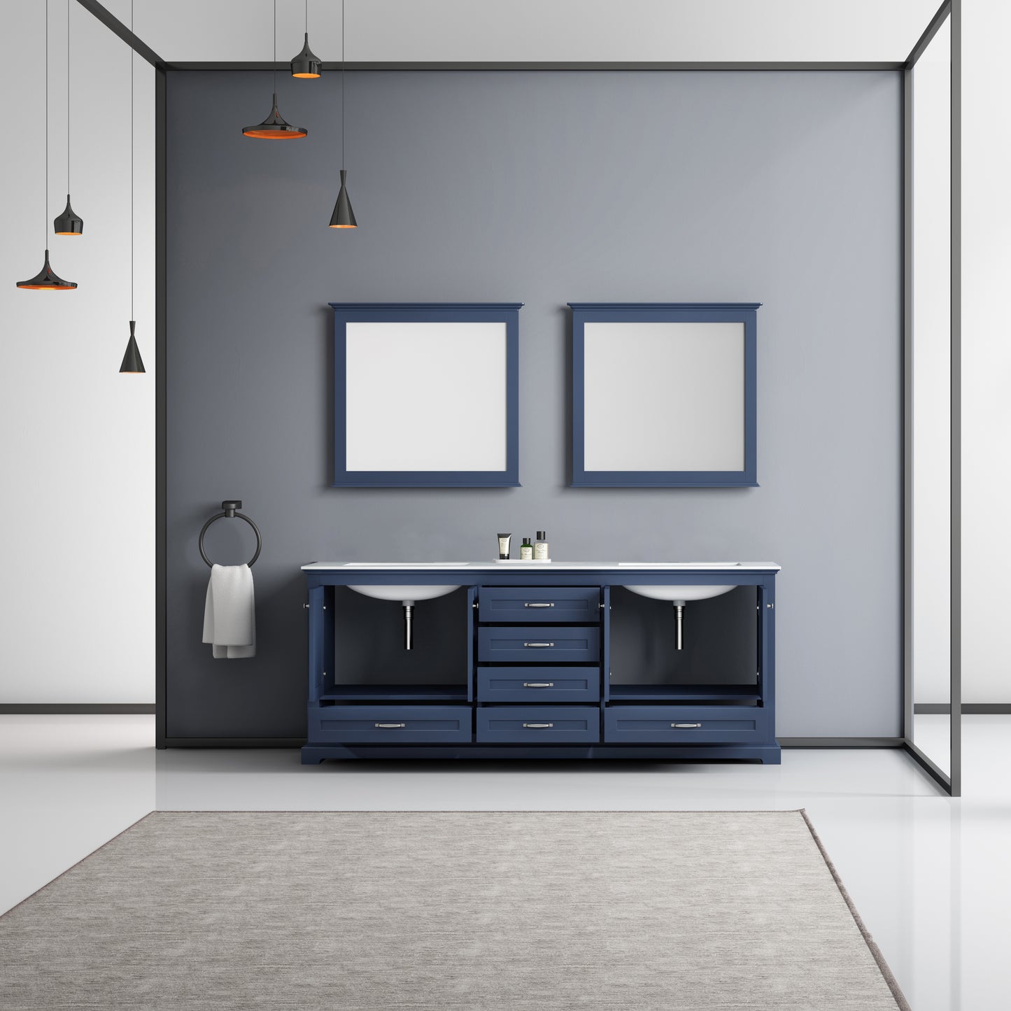 Dukes 80" Navy Blue Double Vanity, White Carrara Marble Top, White Square Sinks and 30" Mirrors