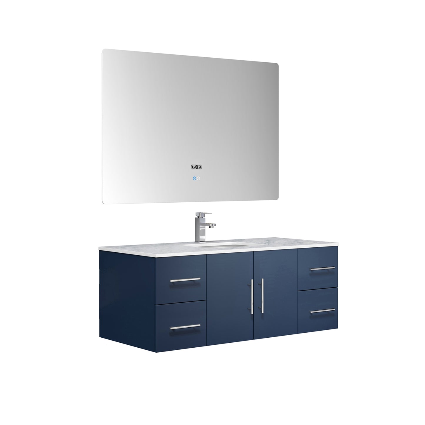 Geneva 48" Navy Blue Single Vanity, White Carrara Marble Top, White Square Sink and 48" LED Mirror w/ Faucet