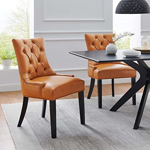 Modway Regent Modern Tufted Vegan Leather Upholstered Two Dining Chairs with Nailhead Trim in Tan