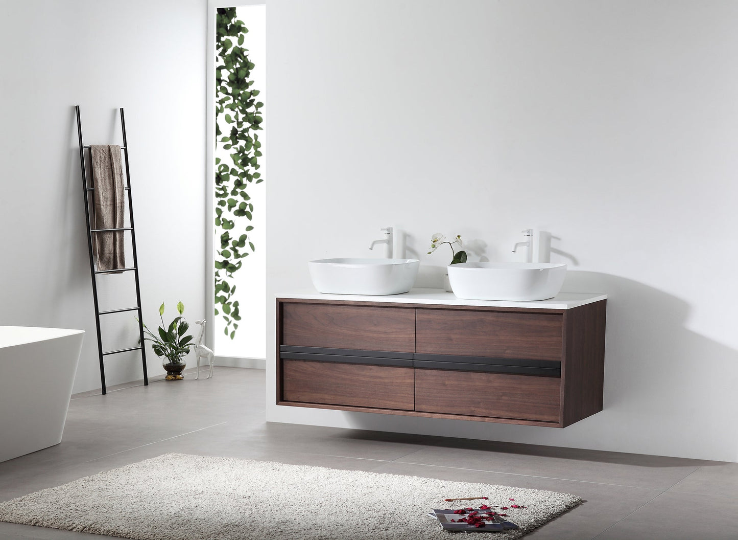 SINTRA 55” DARK WALNUT OAK WALL MOUNTED MODERN BATHROOM VANITY