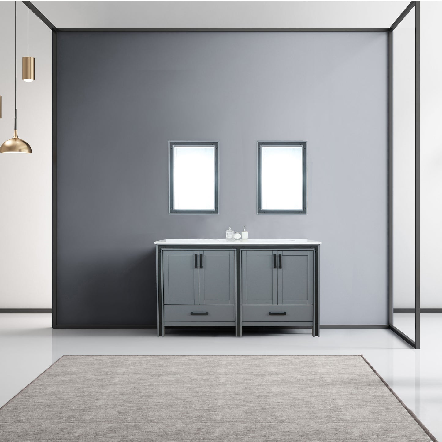 Ziva 60" Dark Grey Double Vanity, Cultured Marble Top, White Square Sink and 22" Mirrors