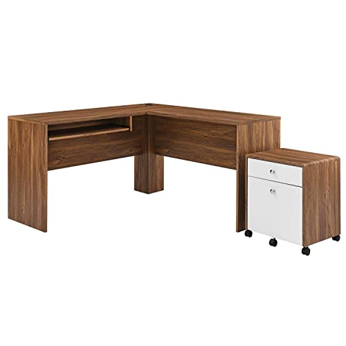 Modway Transmit Mid-Century Modern Office Desk and File Cabinet in Walnut White