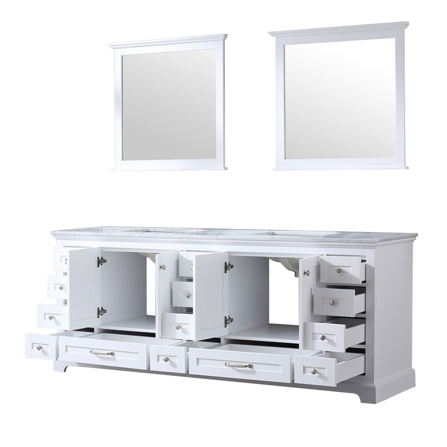 Dukes 84" White Double Vanity, White Carrara Marble Top, White Square Sinks and 34" Mirrors