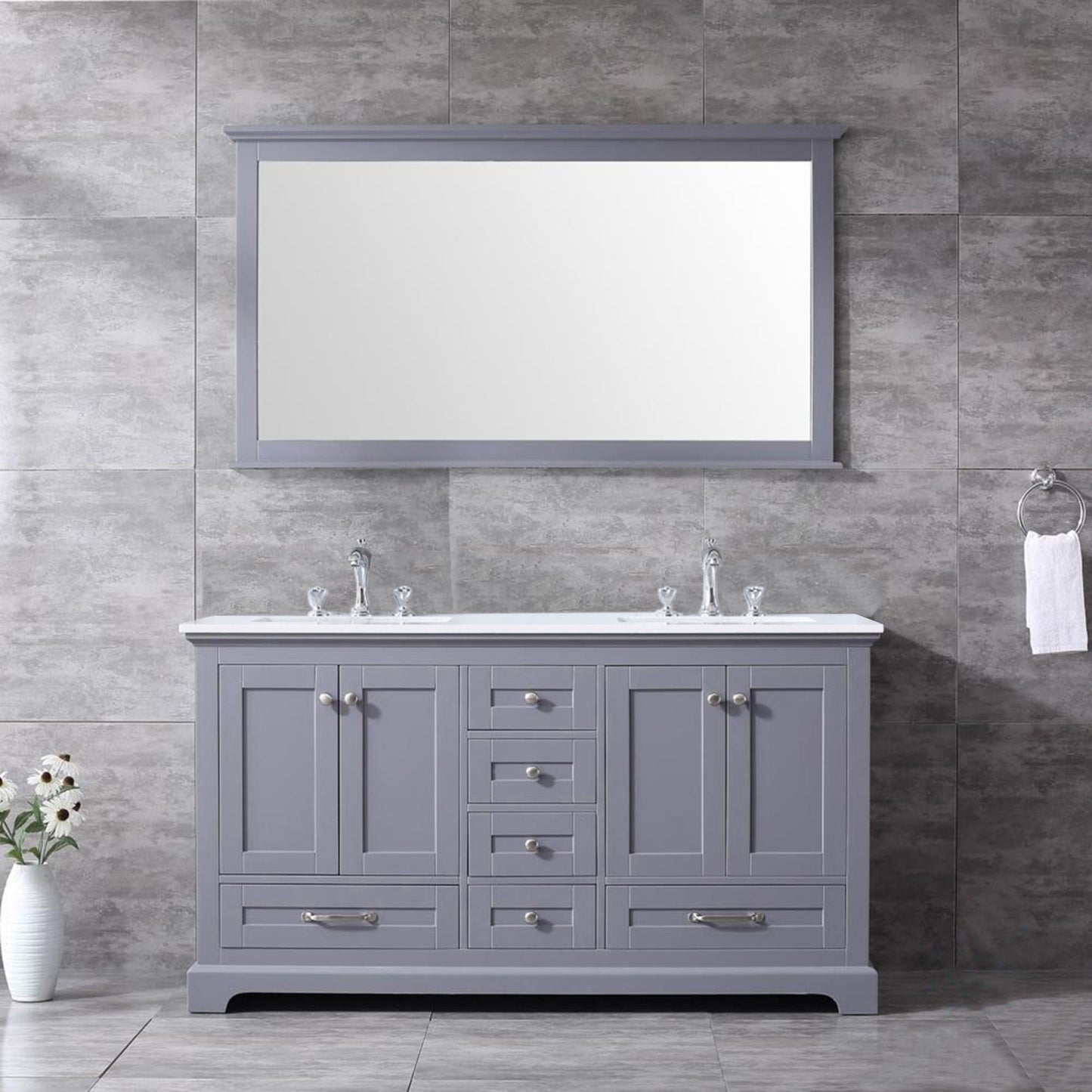 Dukes 60" Dark Grey Double Vanity, White Quartz Top, White Square Sinks and 58" Mirror