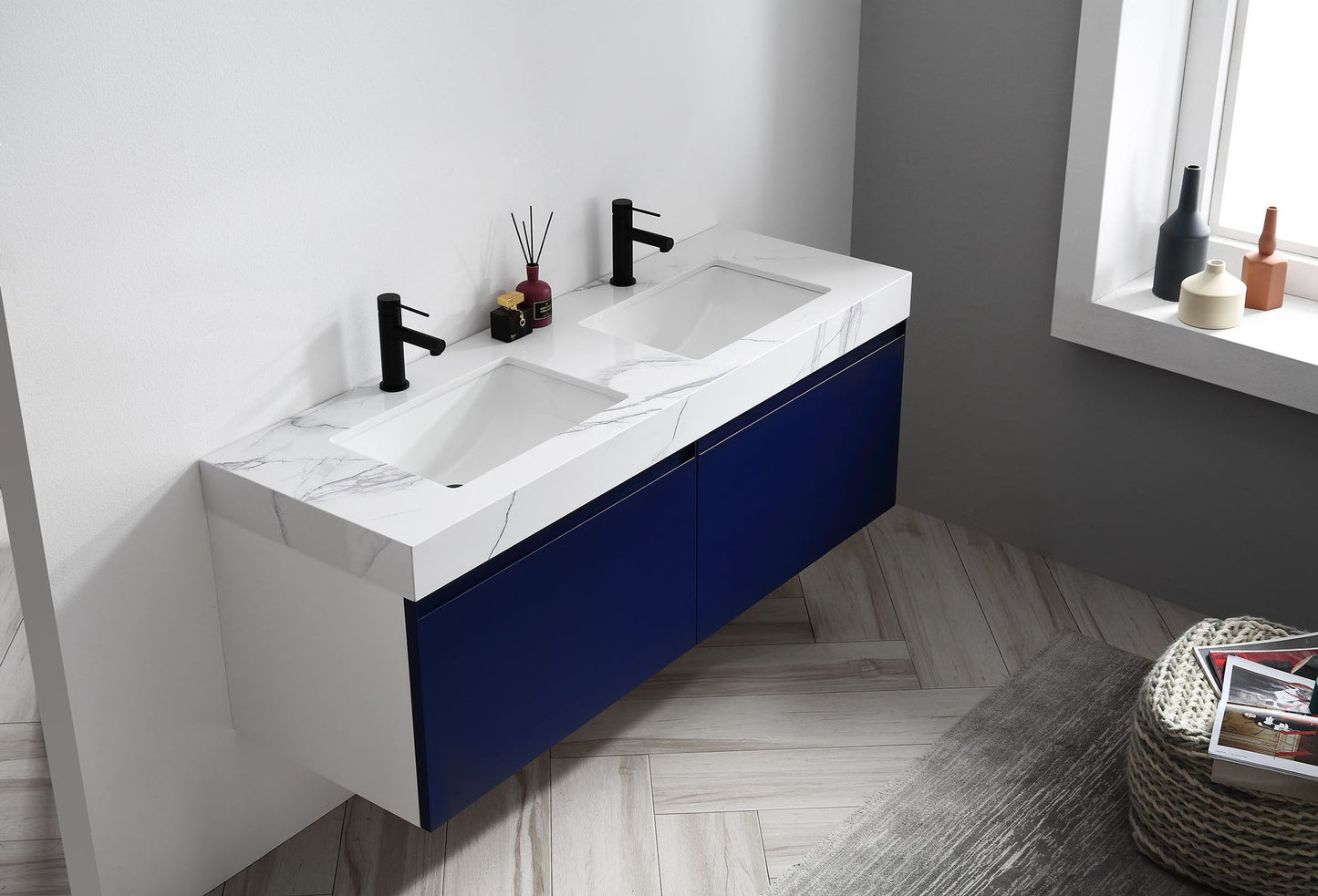 MANAROLA 60” NAVY BLUE WITH THICK QUARTZ WALL MOUNT MODERN BATHROOM VANITY