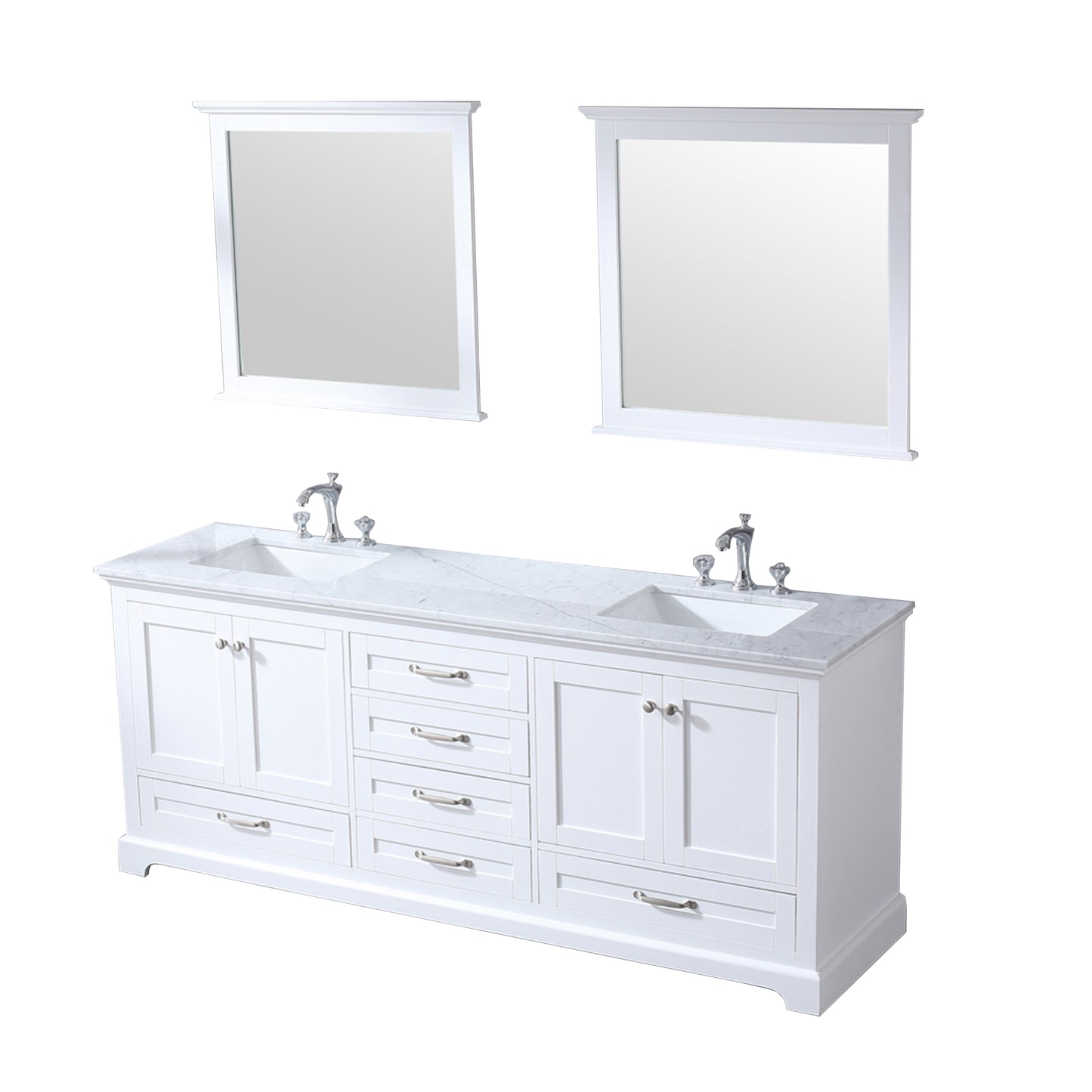 Dukes 80" White Double Vanity, White Carrara Marble Top, White Square Sinks and 30" Mirrors w/ Faucets