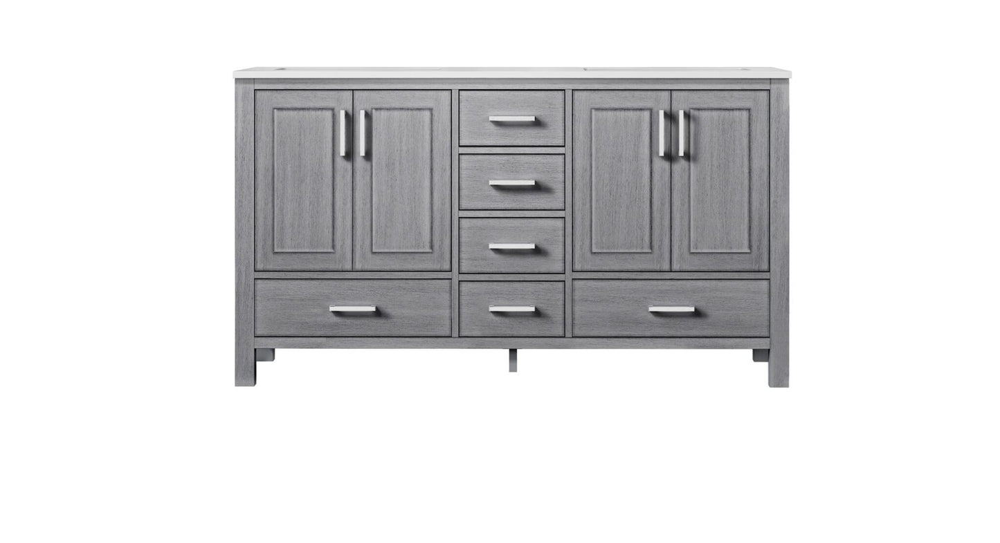 Jacques 60" Distressed Grey Double Vanity, White Quartz Top, White Square Sinks and no Mirror