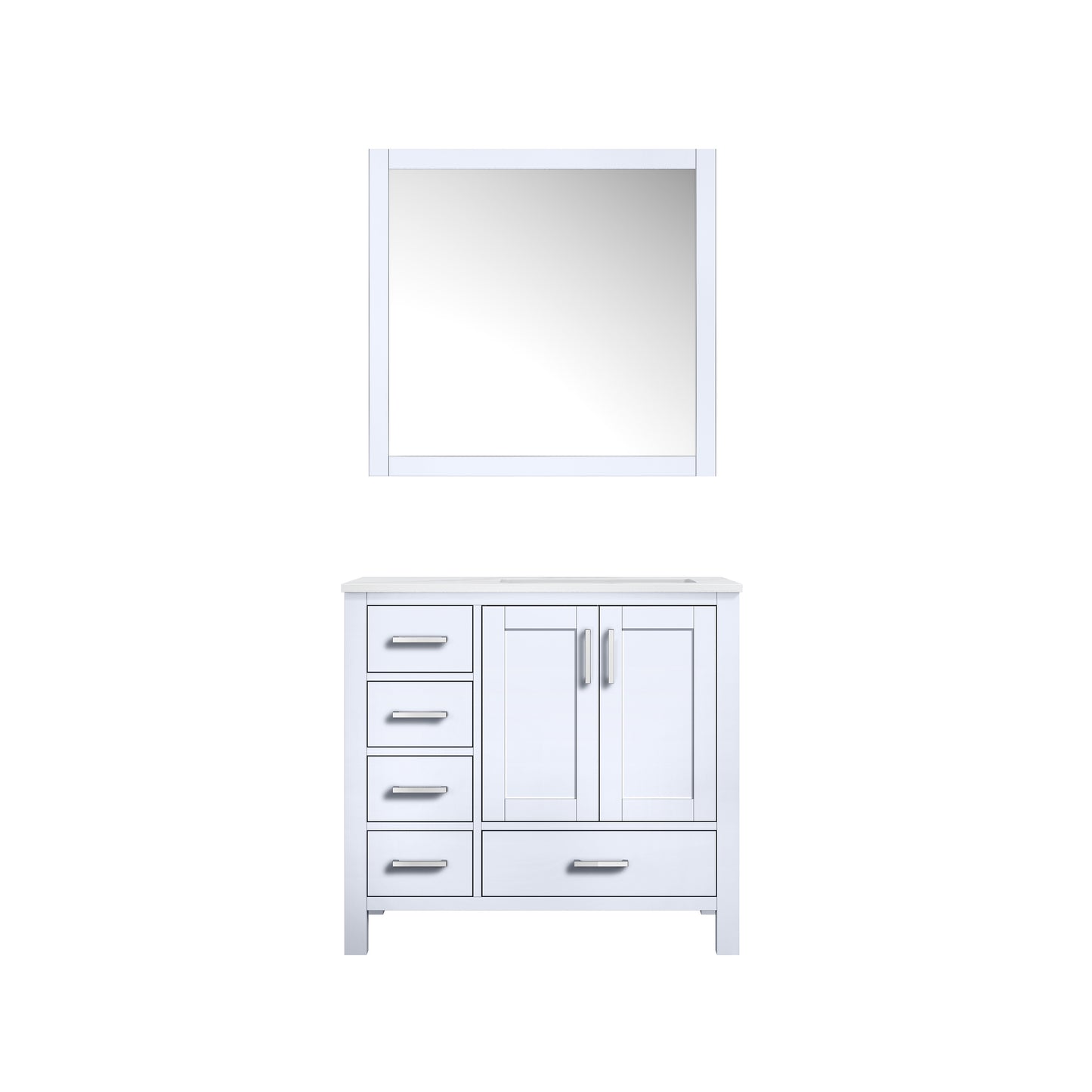 Jacques 36" White Single Vanity, White Carrara Marble Top, White Square Sink and 34" Mirror - Right Version