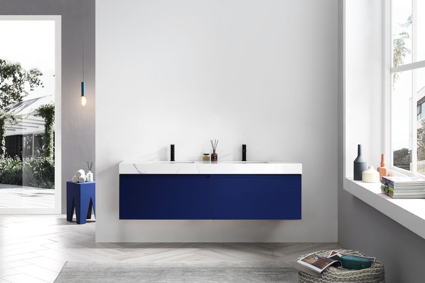 MANAROLA 72” NAVY BLUE WITH THICK QUARTZ WALL MOUNT MODERN BATHROOM VANITY