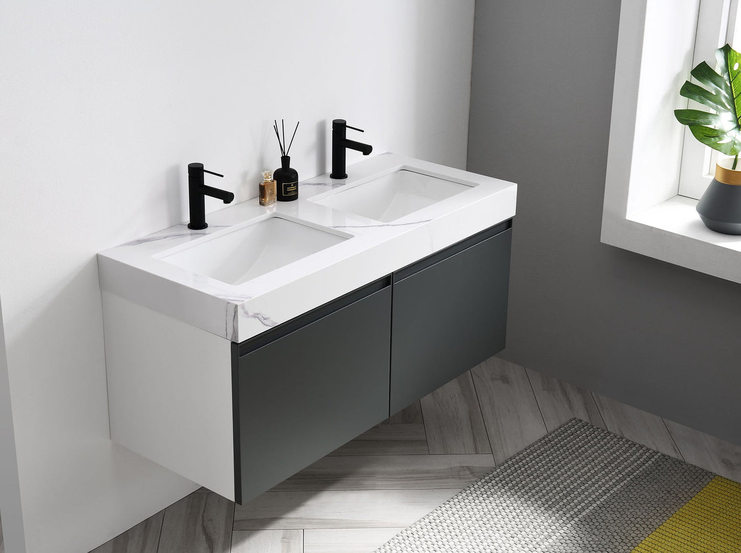 MANAROLA 48” DARK GRAY WITH THICK QUARTZ WALL MOUNT MODERN BATHROOM VANITY