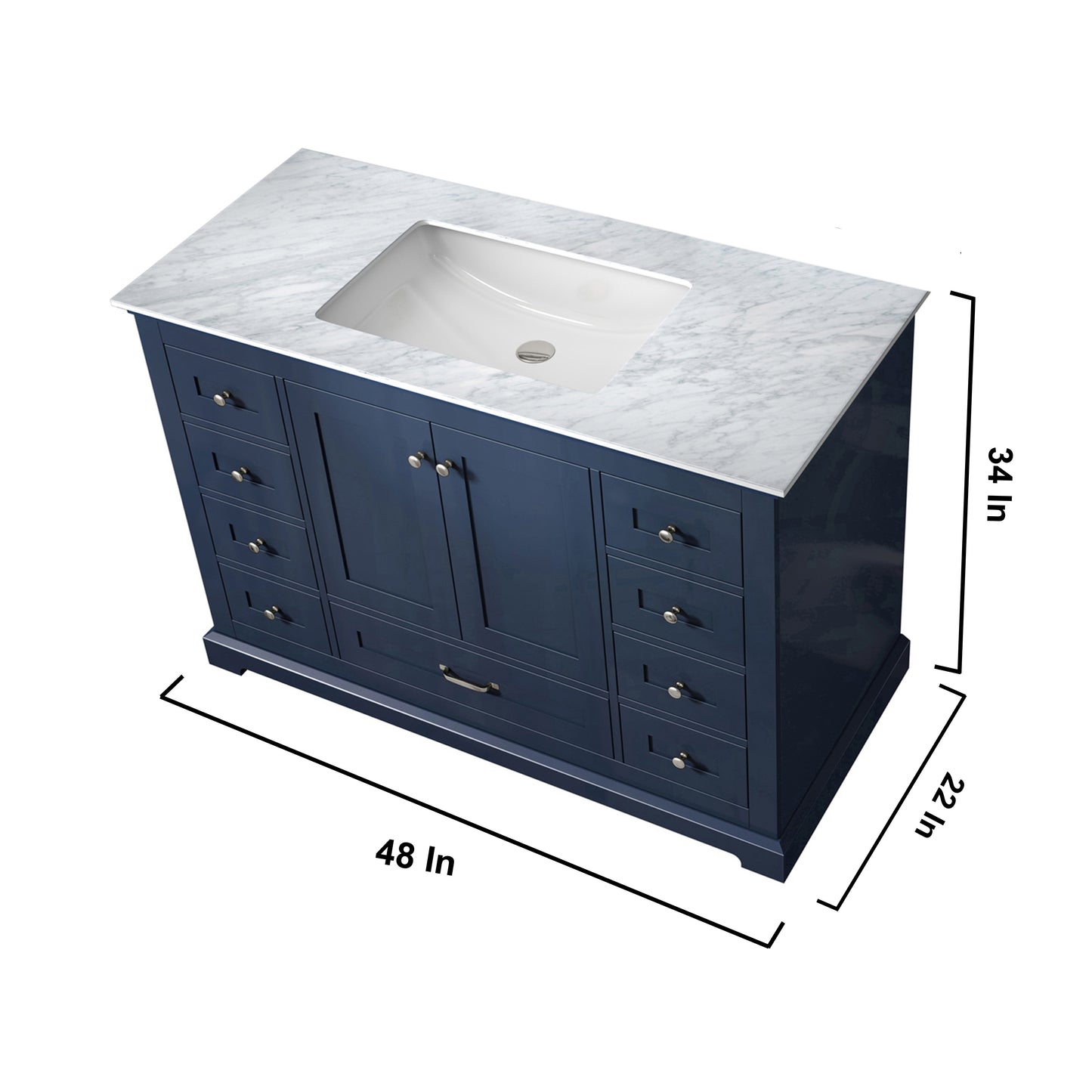 Dukes 48" Navy Blue Single Vanity, White Carrara Marble Top, White Square Sink and 46" Mirror