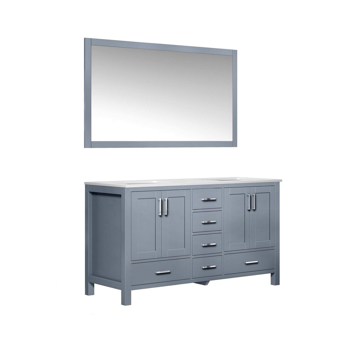 Jacques 60" Dark Grey Double Vanity, White Quartz Top, White Square Sinks and 58" Mirror