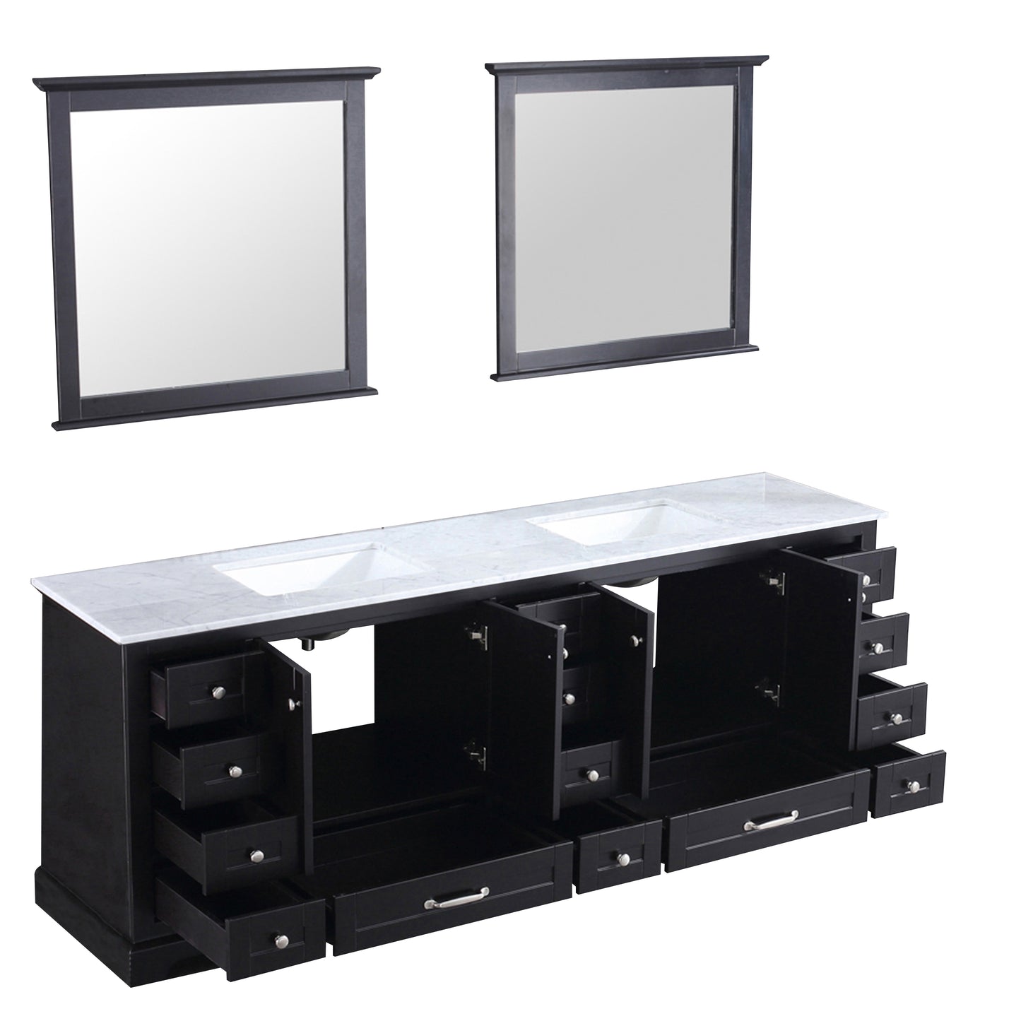 Dukes 84" Espresso Double Vanity, White Carrara Marble Top, White Square Sinks and 34" Mirrors