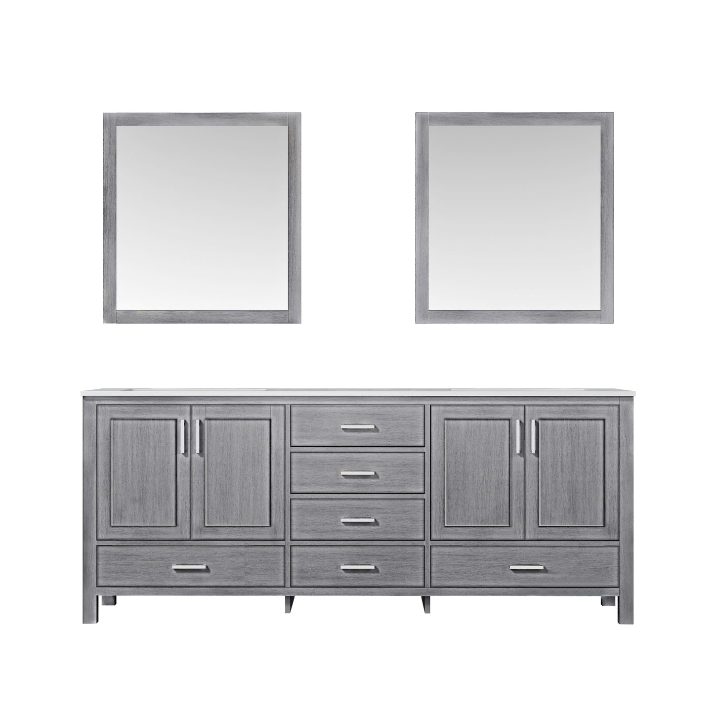 Jacques 80" Distressed Grey Double Vanity, White Carrara Marble Top, White Square Sinks and 30" Mirrors w/ Faucets