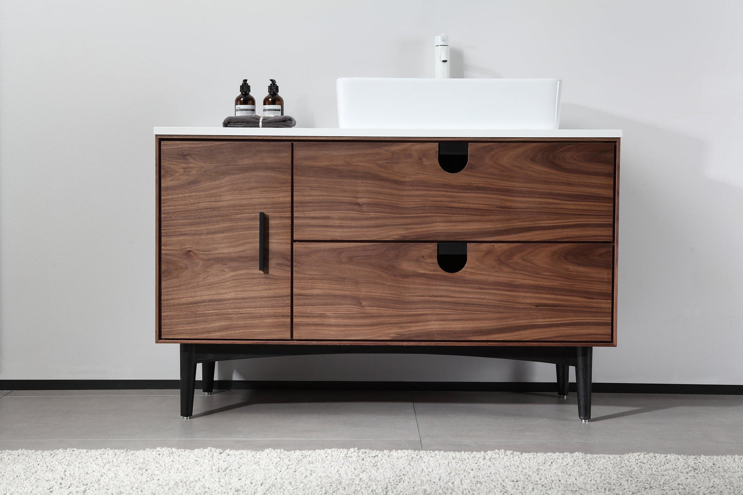 PORTREE 48” WALNUT MID-CENTURY FREESTANDING BATHROOM VANITY