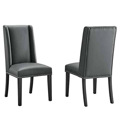 Modway Baron Modern Tall Back Wood Vegan Leather Upholstered Two Dining Chairs in Gray