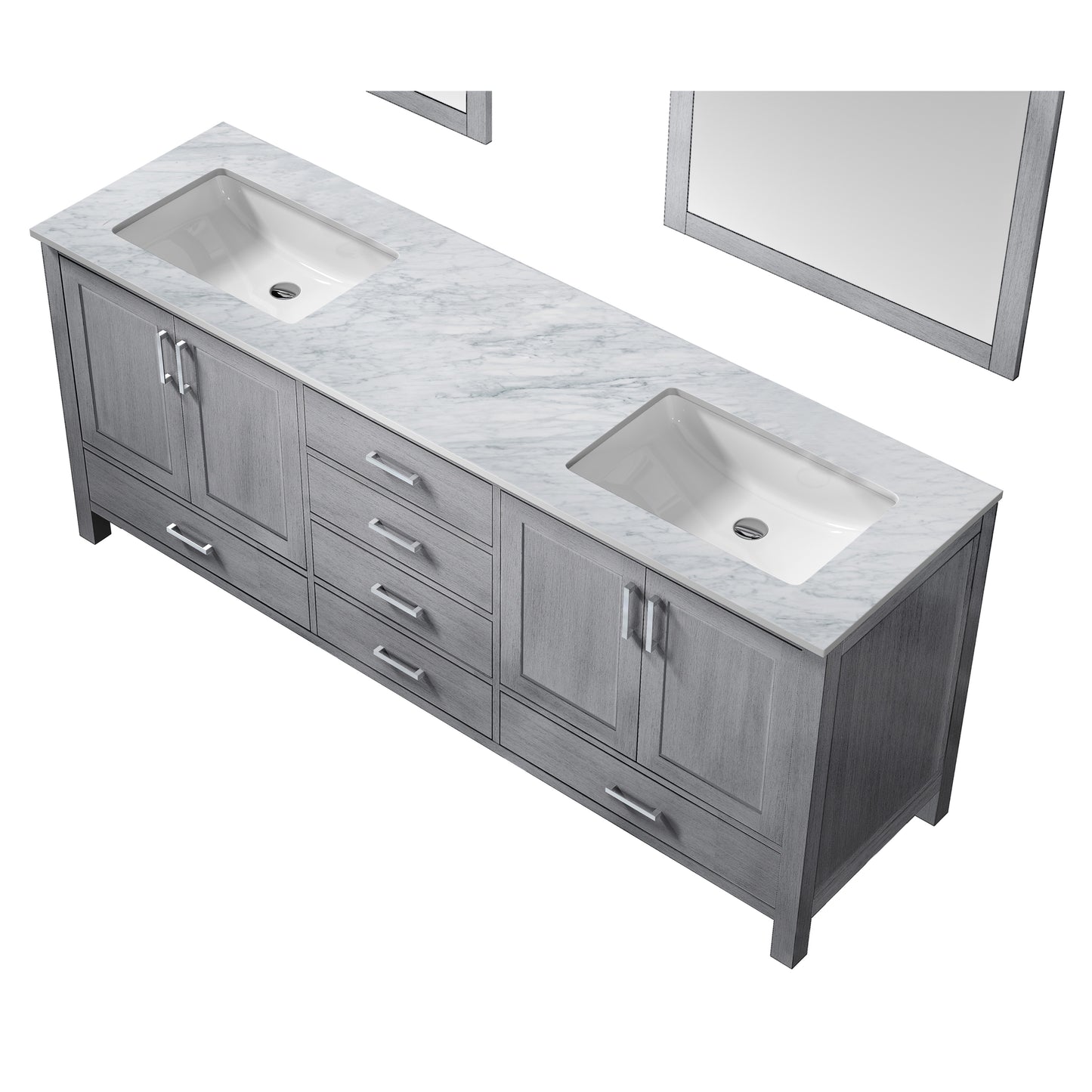 Jacques 80" Distressed Grey Double Vanity, White Carrara Marble Top, White Square Sinks and 30" Mirrors w/ Faucets