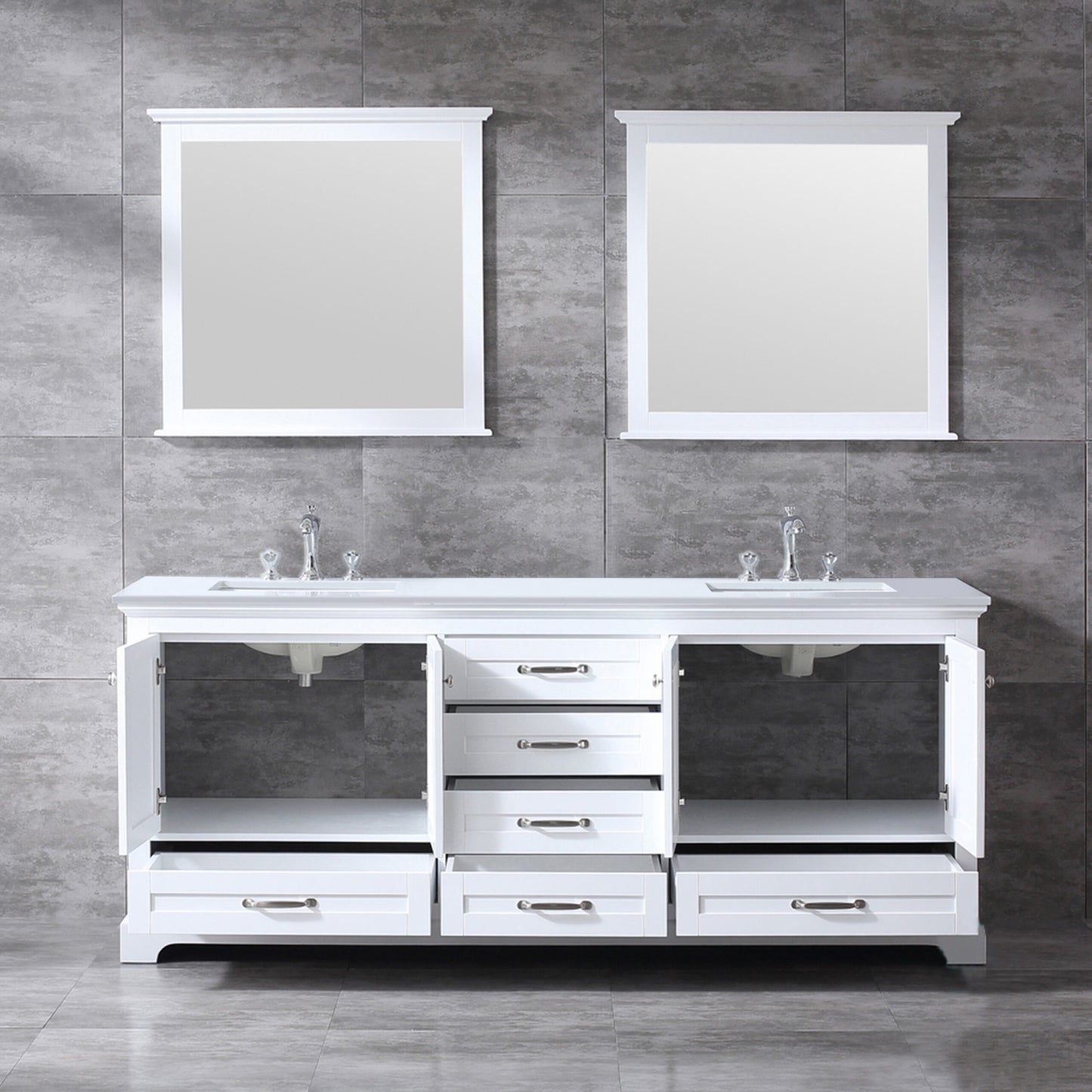 Dukes 80" White Double Vanity, White Quartz Top, White Square Sinks and 30" Mirrors