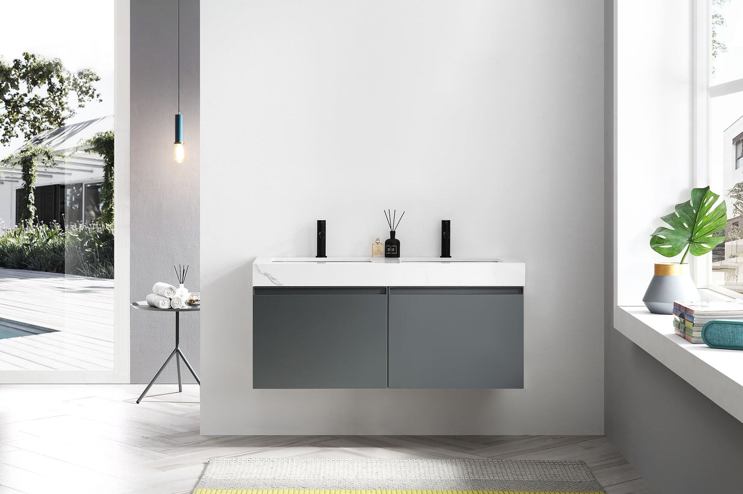 MANAROLA 48” DARK GRAY WITH THICK QUARTZ WALL MOUNT MODERN BATHROOM VANITY