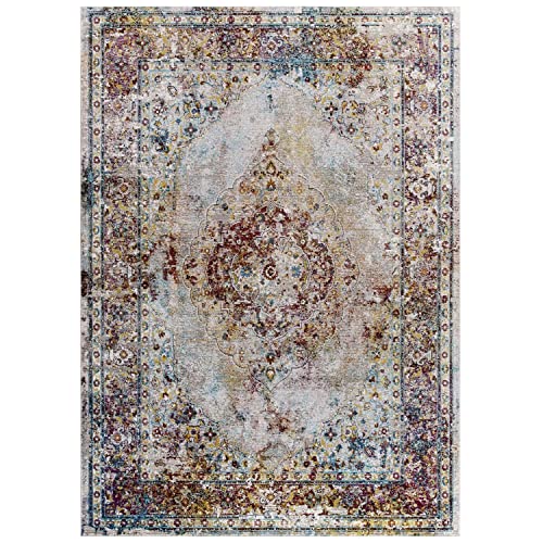 Modway Success Merritt Transitional Distressed Vintage Floral Persian Medallion 5x8 Area Rug, Multicolored