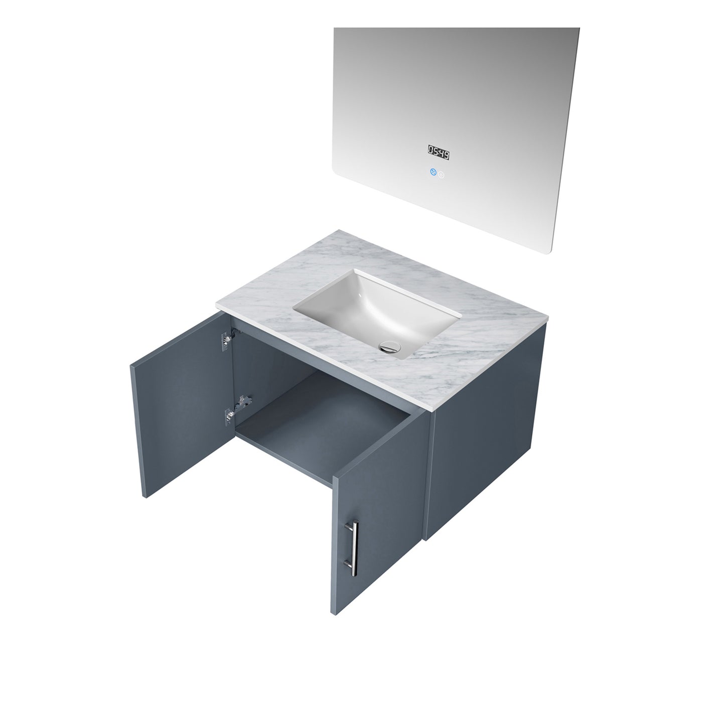 Geneva 30" Dark Grey Single Vanity, White Carrara Marble Top, White Square Sink and 30" LED Mirror