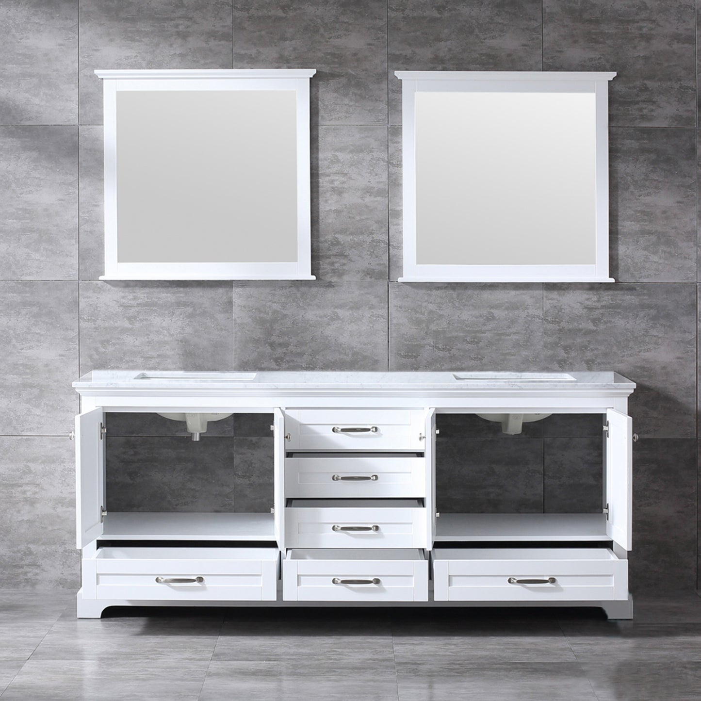 Dukes 80" White Double Vanity, White Carrara Marble Top, White Square Sinks and 30" Mirrors