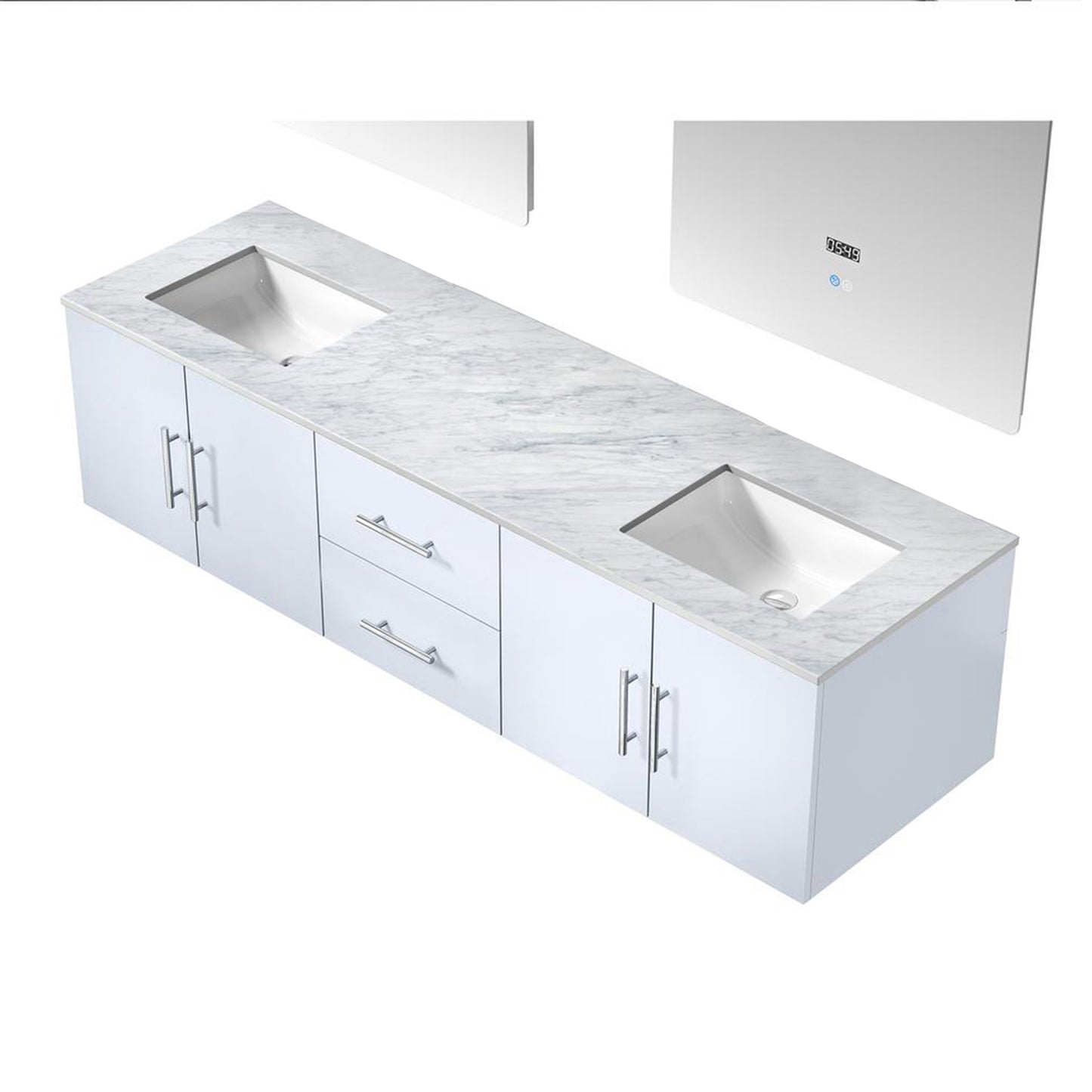 Geneva 72" Glossy White Double Vanity, White Carrara Marble Top, White Square Sinks and 30" LED Mirrors