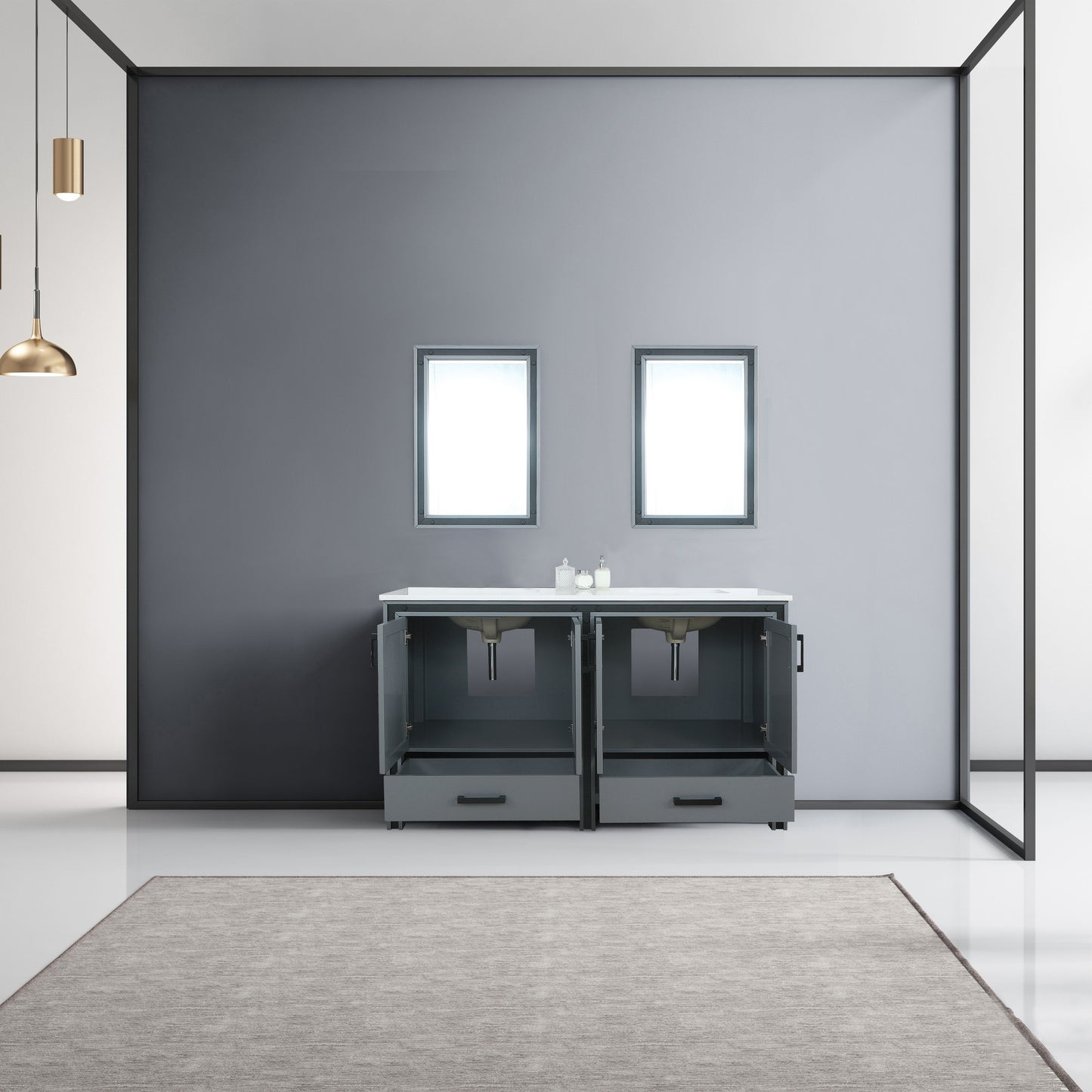 Ziva 60" Dark Grey Double Vanity, Cultured Marble Top, White Square Sink and 22" Mirrors