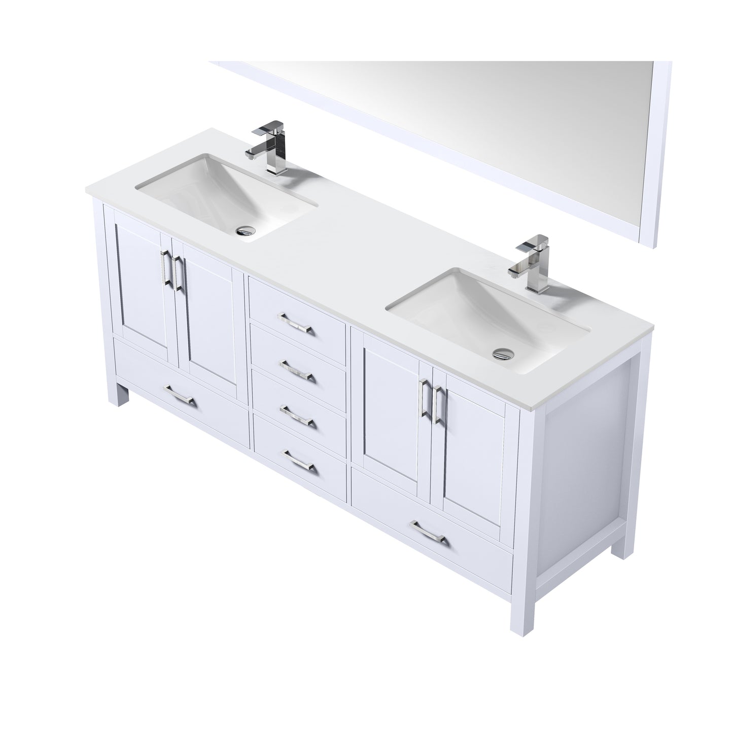 Jacques 72" White Double Vanity, White Quartz Top, White Square Sinks and 70" Mirror w/ Faucets