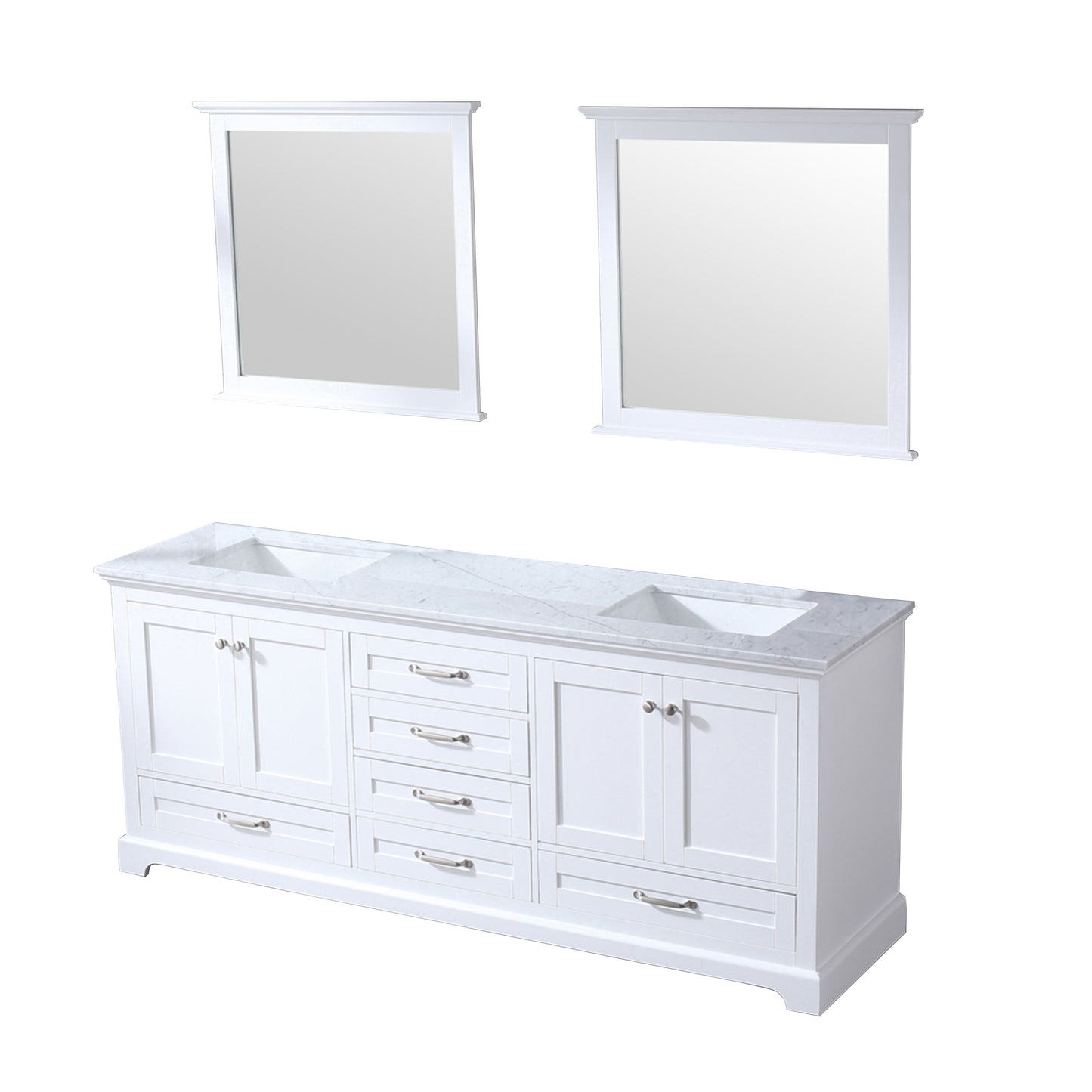 Dukes 80" White Double Vanity, White Carrara Marble Top, White Square Sinks and 30" Mirrors