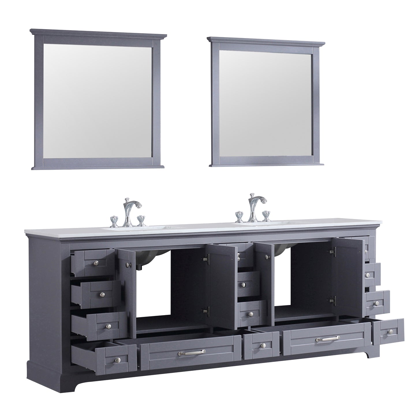 Dukes 84" Dark Grey Double Vanity, White Quartz Top, White Square Sinks and 34" Mirrors w/ Faucets