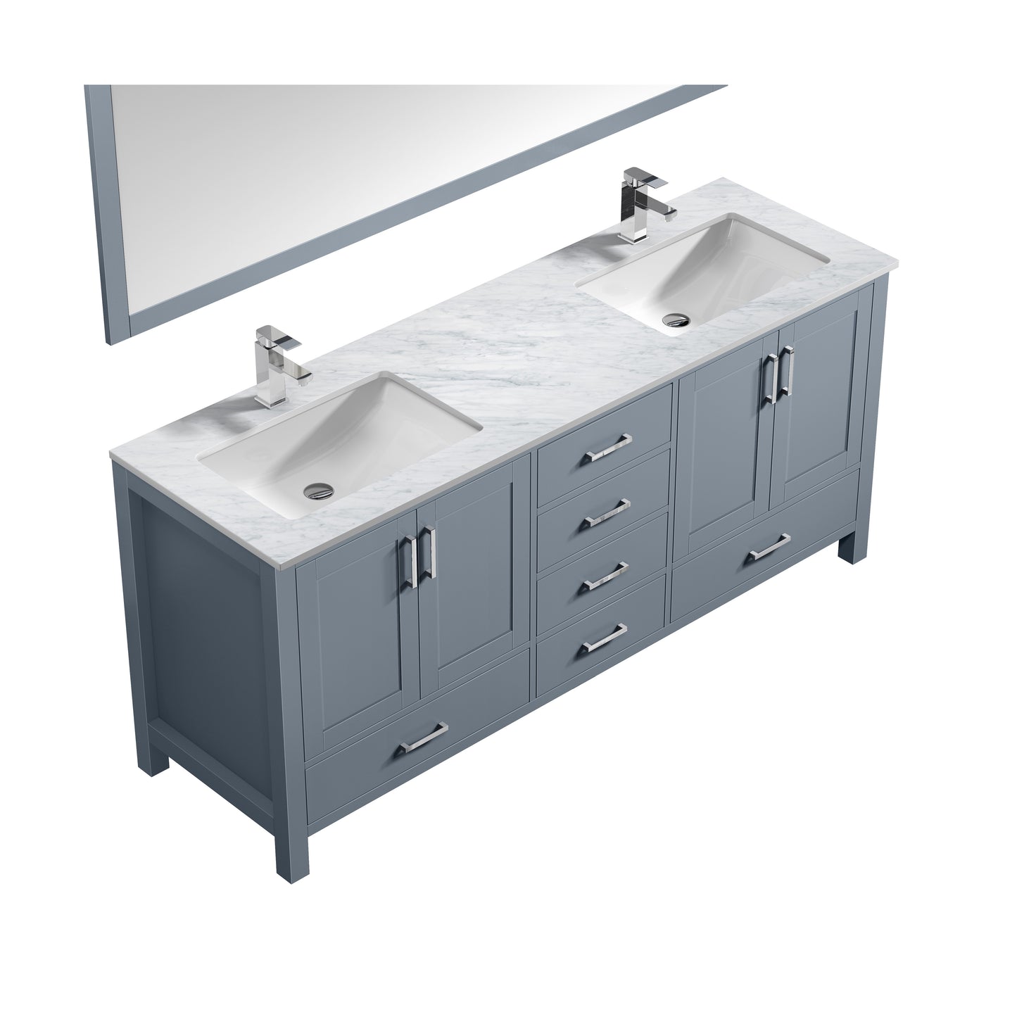 Jacques 72" Dark Grey Double Vanity, White Carrara Marble Top, White Square Sinks and 70" Mirror w/ Faucets