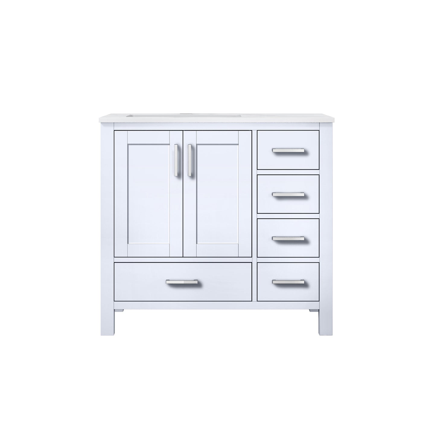 Jacques 36" White Single Vanity, White Carrara Marble Top, White Square Sink and no Mirror - Left Version