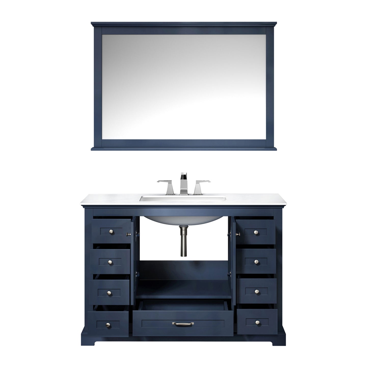 Dukes 48" Navy Blue Single Vanity, White Quartz Top, White Square Sink and 46" Mirror