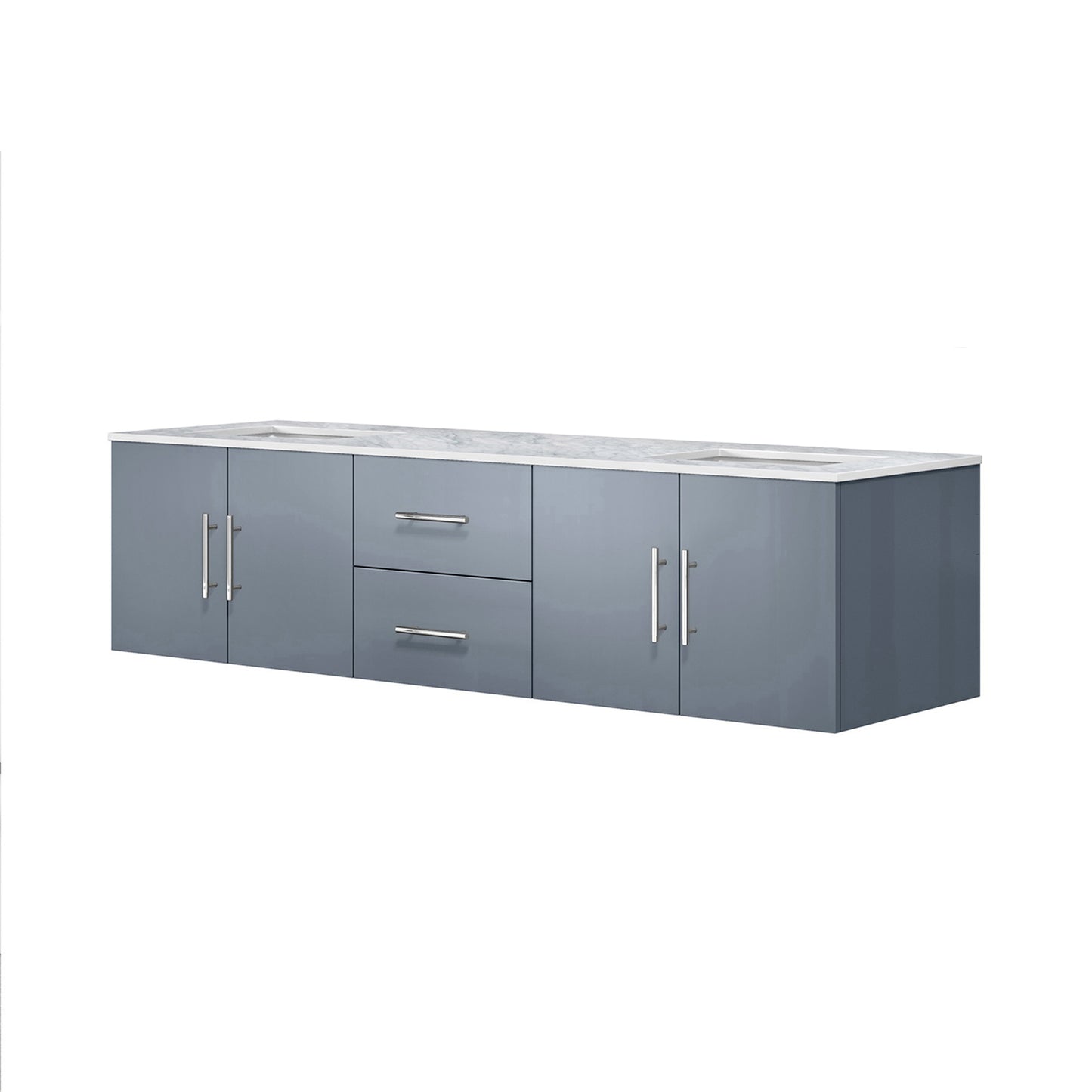 Geneva 72" Dark Grey Double Vanity, White Carrara Marble Top, White Square Sinks and no Mirror