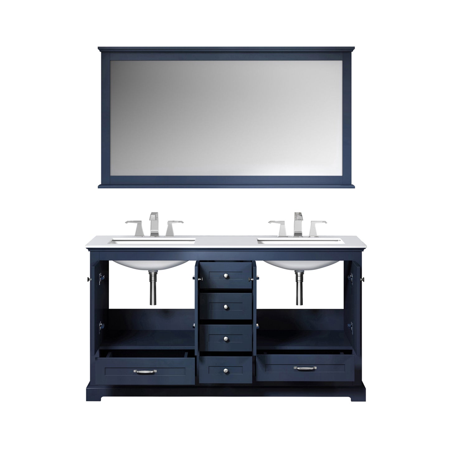 Dukes 60" Navy Blue Double Vanity, White Quartz Top, White Square Sinks and 58" Mirror