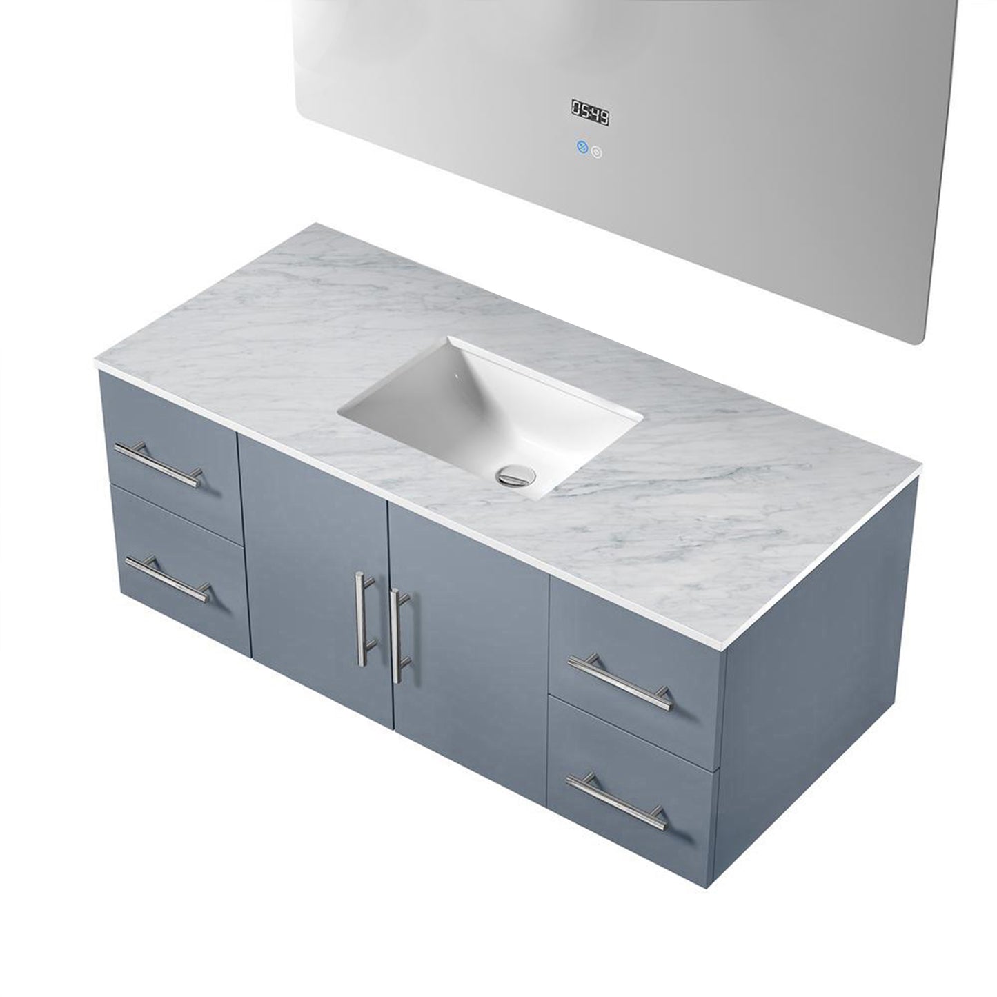 Geneva 48" Dark Grey Single Vanity, White Carrara Marble Top, White Square Sink and 48" LED Mirror